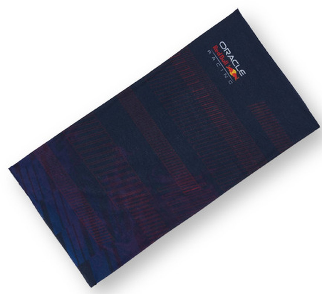 Panno blu scuro con righe rosse e logo Oracle Red Bull Racing.