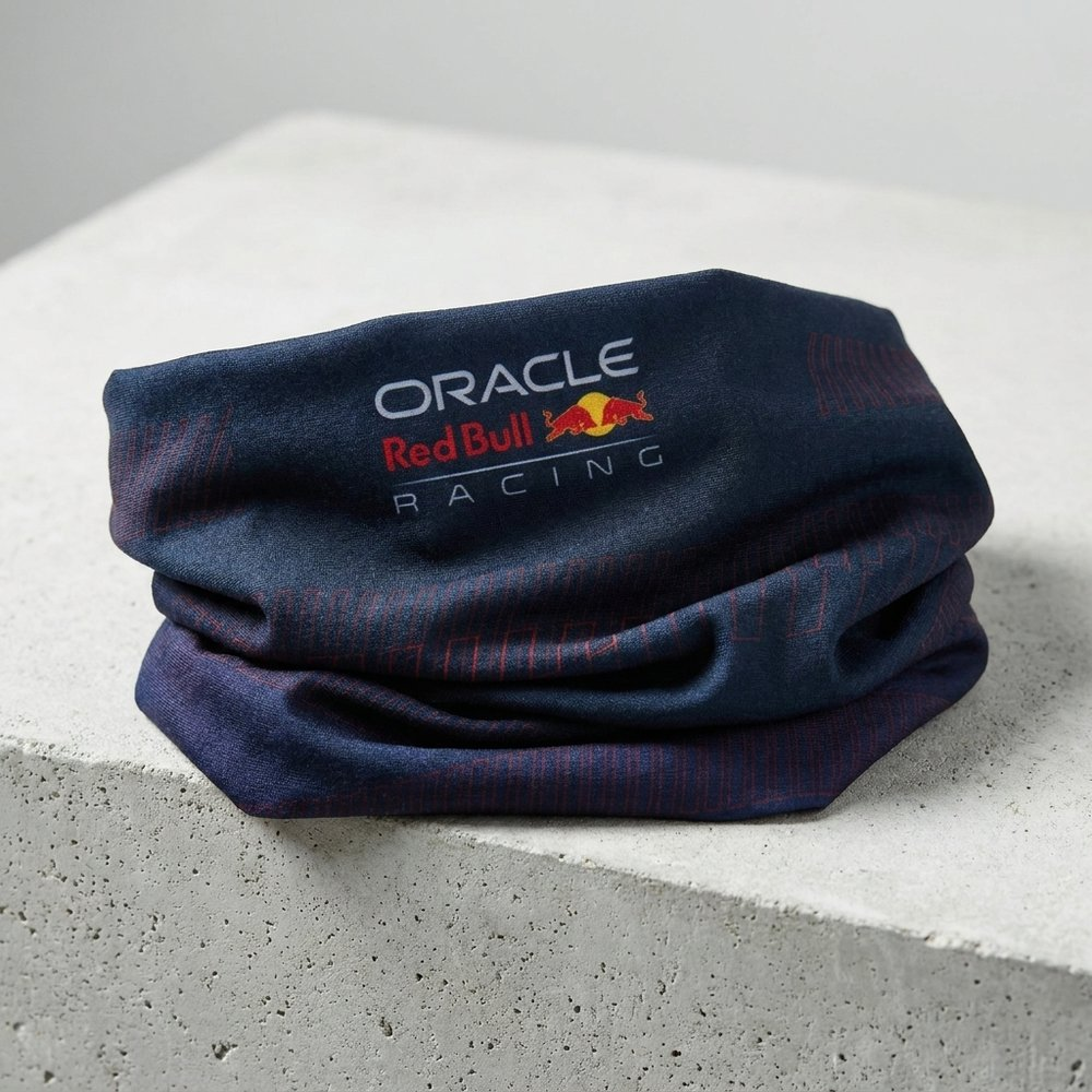 Scaldacollo blu scuro con logo Red Bull Racing e linee rosse.