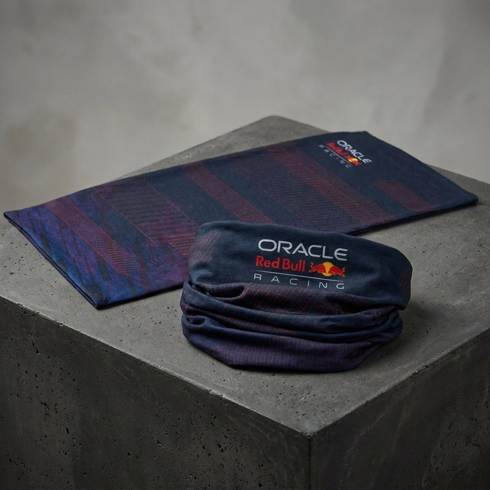 Scaldacollo blu scuro con strisce rosse e logo Oracle Red Bull Racing.