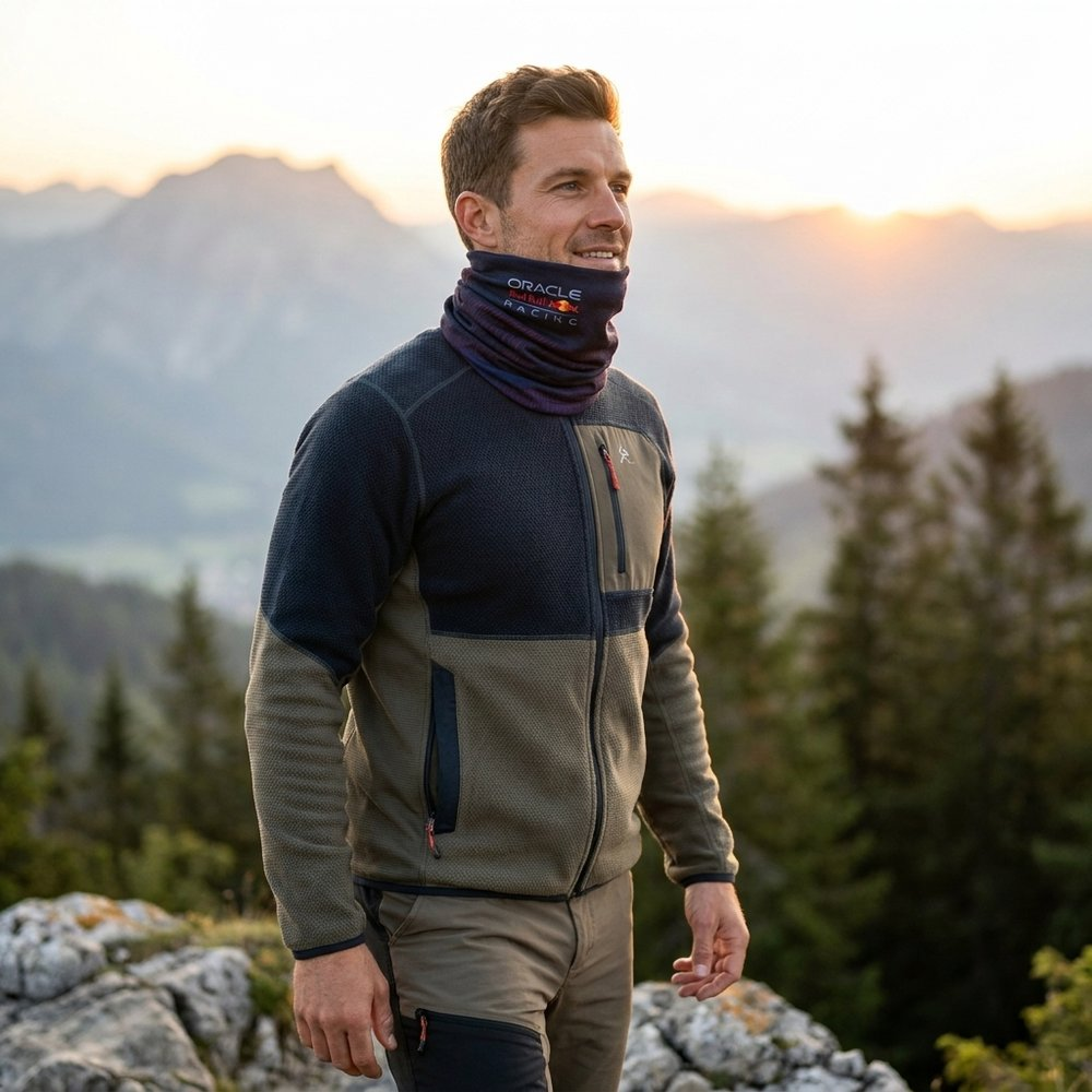 Uomo con giacca in pile e scaldacollo in montagna al tramonto.