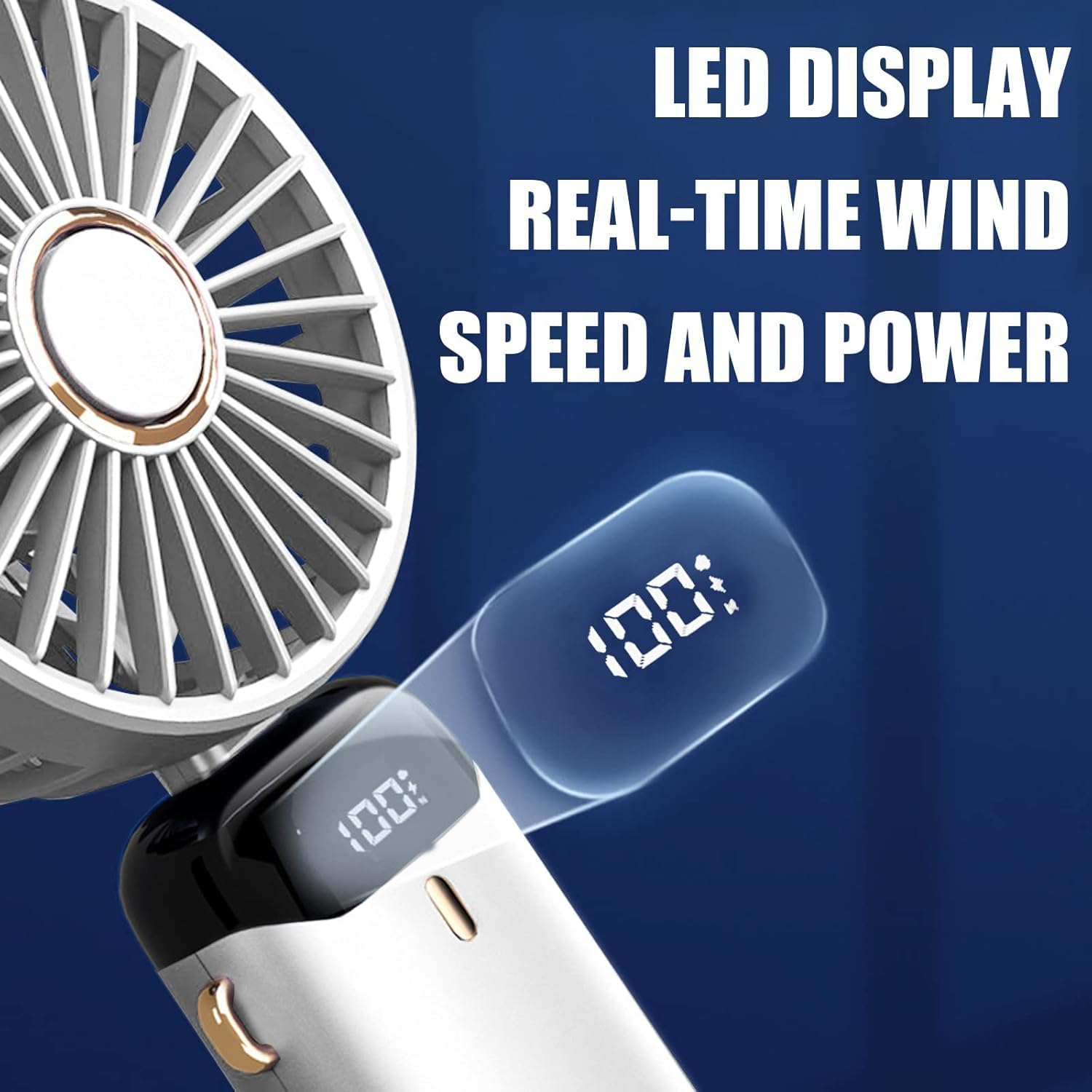 Ein weißer tragbarer Ventilator mit Digitalanzeige, die 100% anzeigt. Text: LED DISPLAY, ECHTZEIT-WINDGESCHWINDIGKEIT UND LEISTUNG.