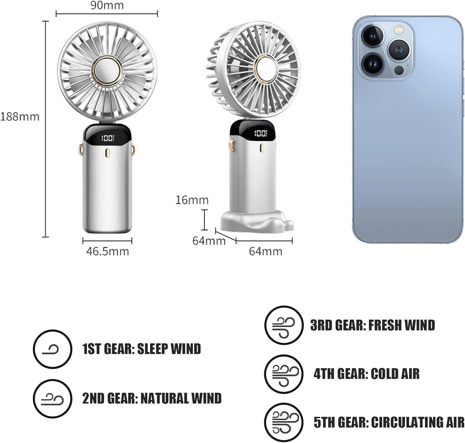Ein tragbarer Ventilator und ein Smartphone im Vergleich. Maße sind angegeben.