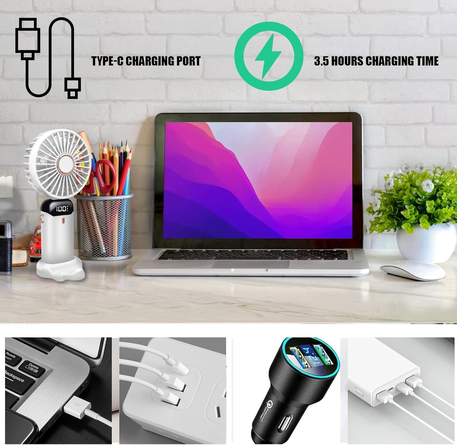 Schreibtisch mit Laptop, Lüfter, Stiften, Pflanzen und Ladegeräten.