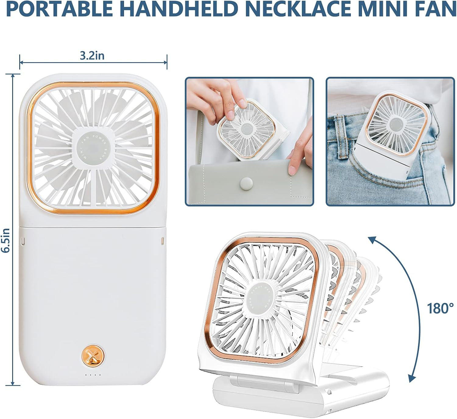 Weißer tragbarer Ventilator mit Goldrand, zeigt Größe und Verwendung in Tasche/Beutel.