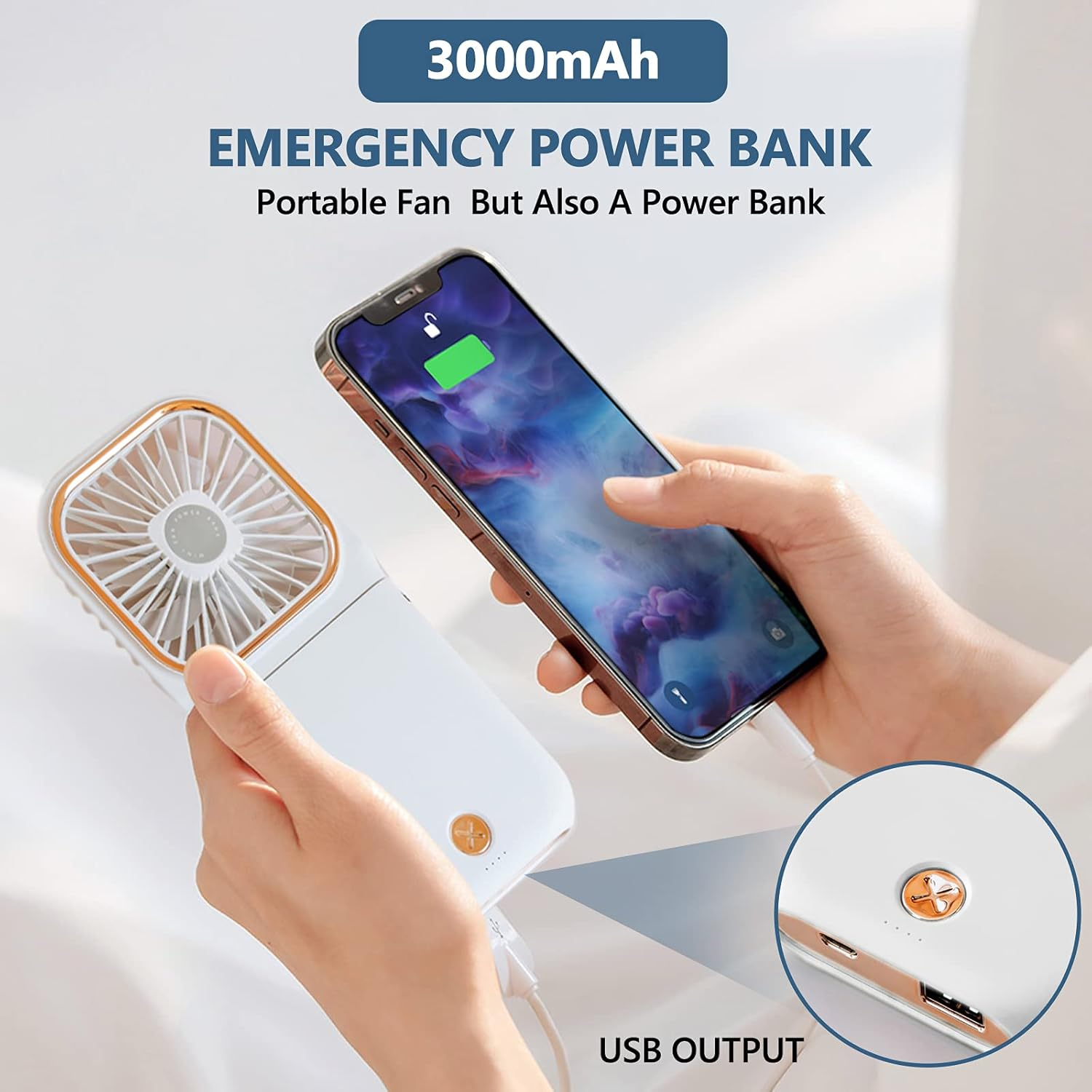 Ein weißer tragbarer Lüfter dient als Powerbank und lädt ein Smartphone auf.