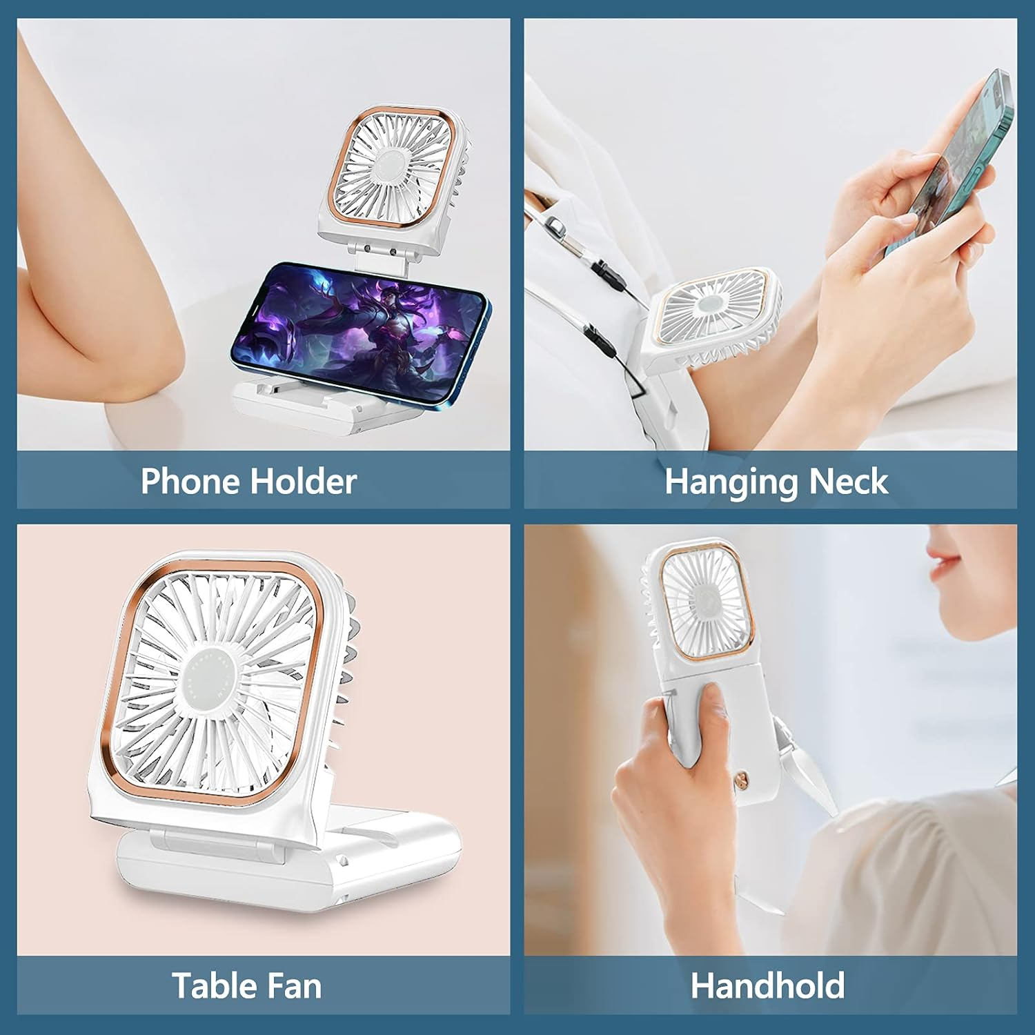 Ein weißer Ventilator mit goldenen Akzenten, der als Handyhalter, Nackenventilator, Tischventilator und Handventilator verwendet wird.