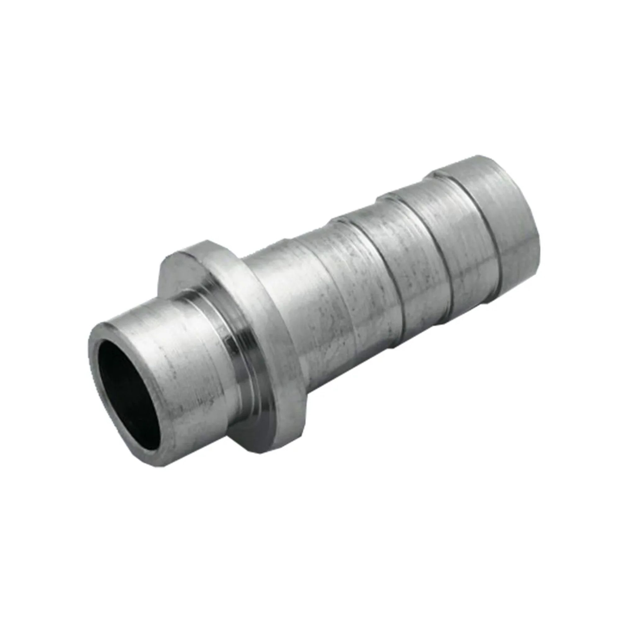 Metal hose fitting with ridges and a flange.