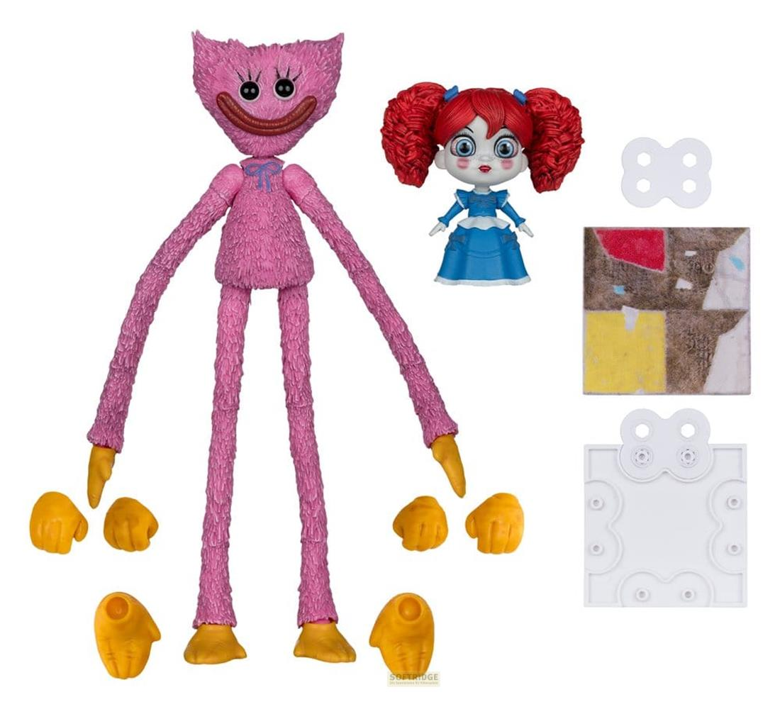 Giocattolo mostro rosa peloso con braccia lunghe, bambola piccola, accessori e supporto.