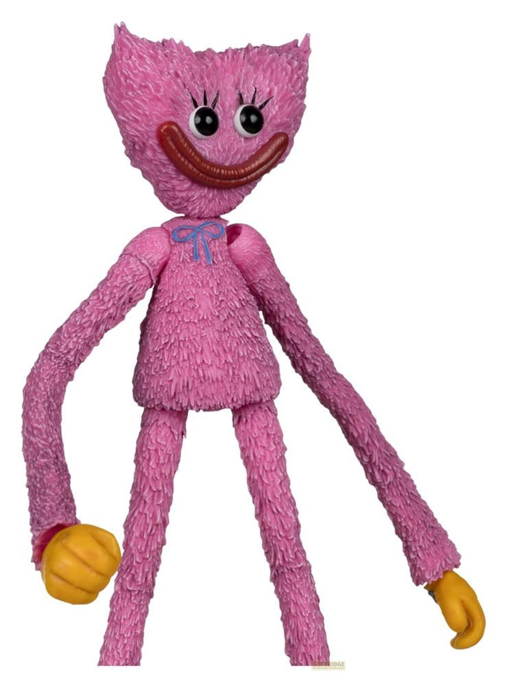 Una figura rosa e pelosa con occhi grandi, bocca larga e un fiocco blu.