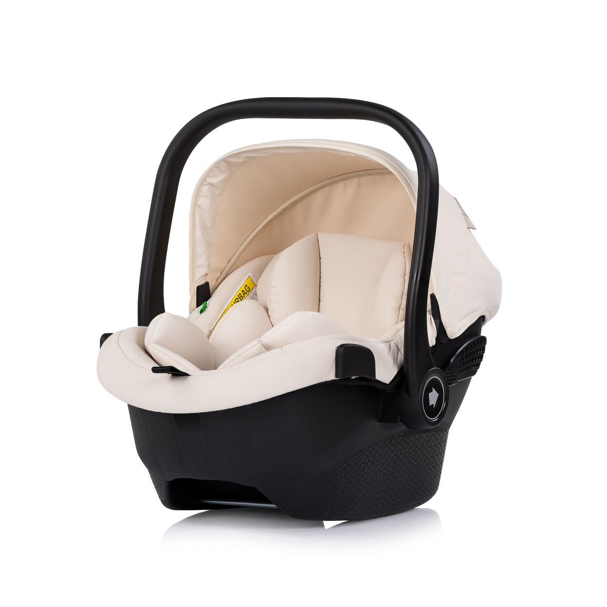 Ein beiger Kindersitz mit schwarzem Griff und Basis.
