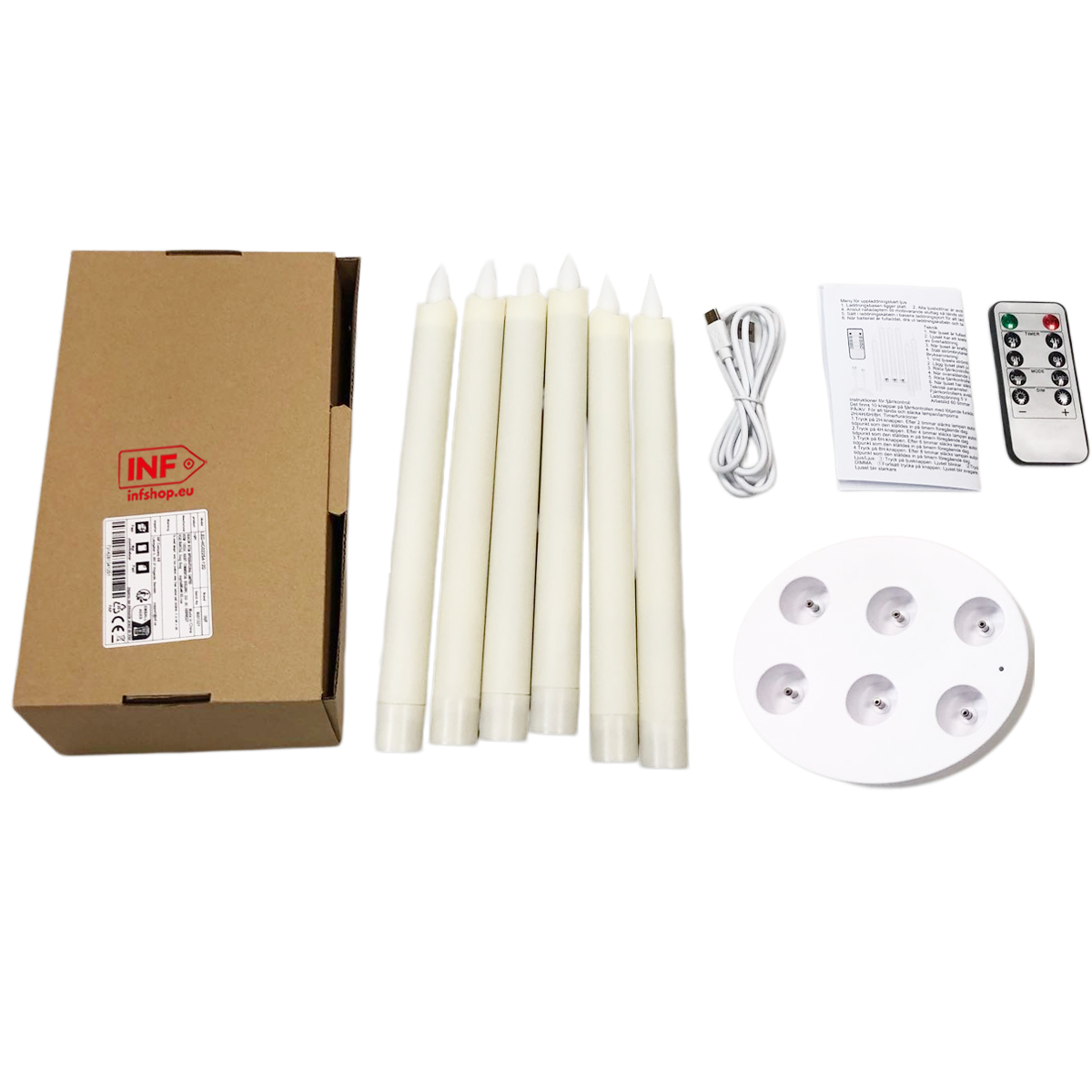 Ein Paket mit sechs cremefarbenen LED-Kerzen, Fernbedienung, USB-Kabel und Ladestation.
