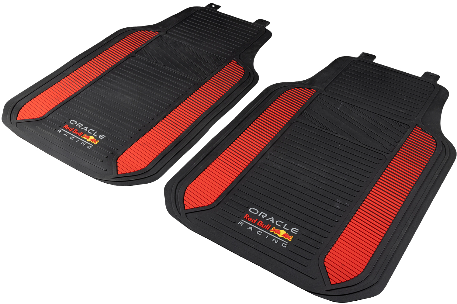 Tappetini neri con strisce rosse e logo Oracle Red Bull Racing.