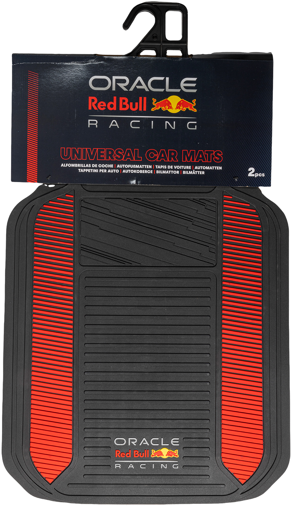 Tappetini auto universali neri con strisce rosse e logo Red Bull Racing.