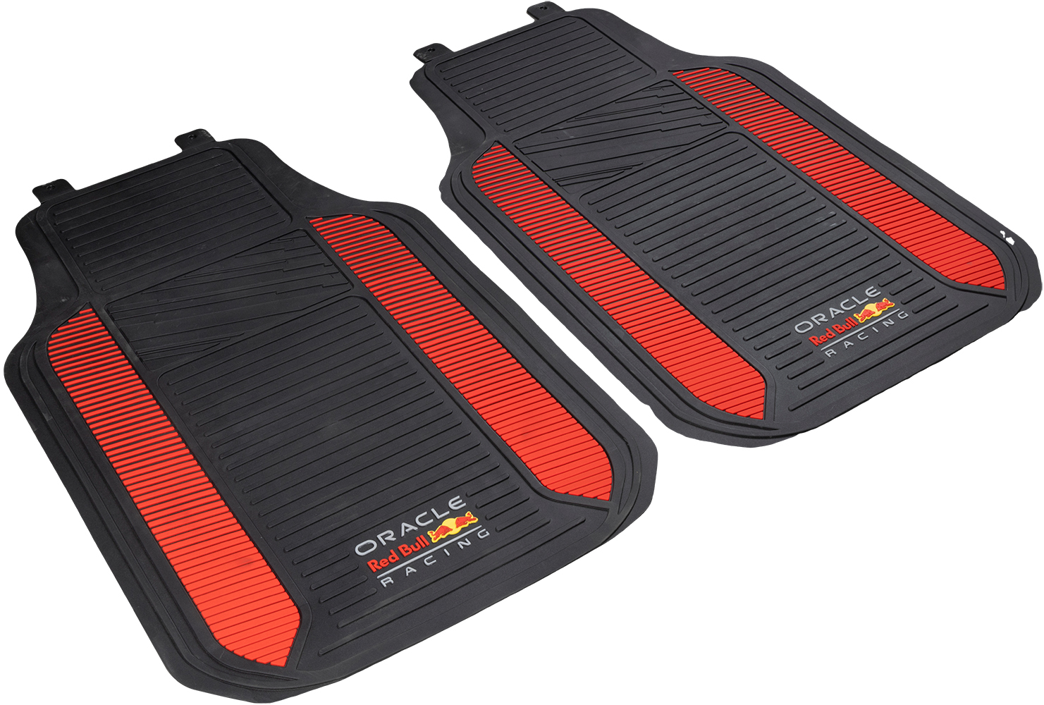 Due tappetini neri per auto con accenti a strisce rosse e loghi Oracle Red Bull Racing.