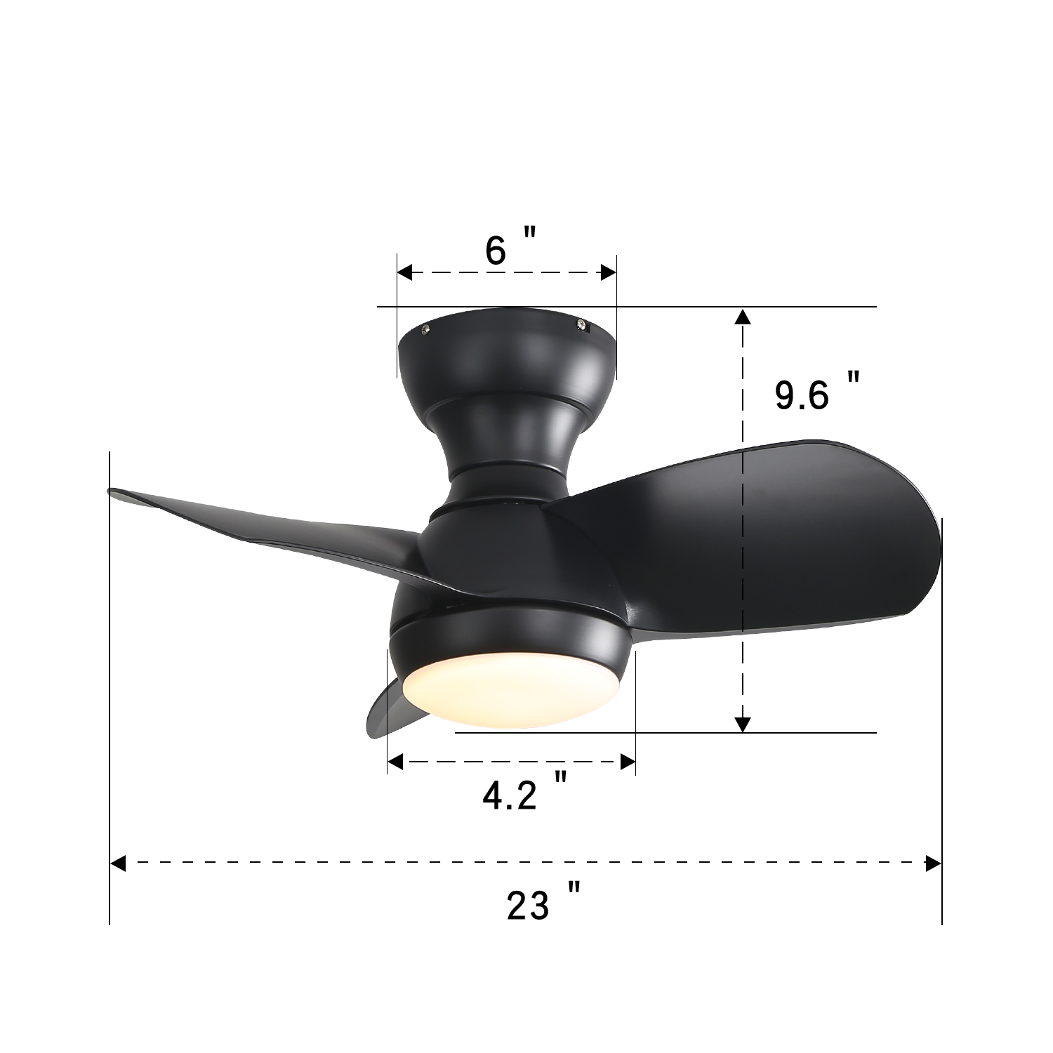 Schwarzer Deckenventilator mit Licht, Maße 23" breit, 6" hoch.