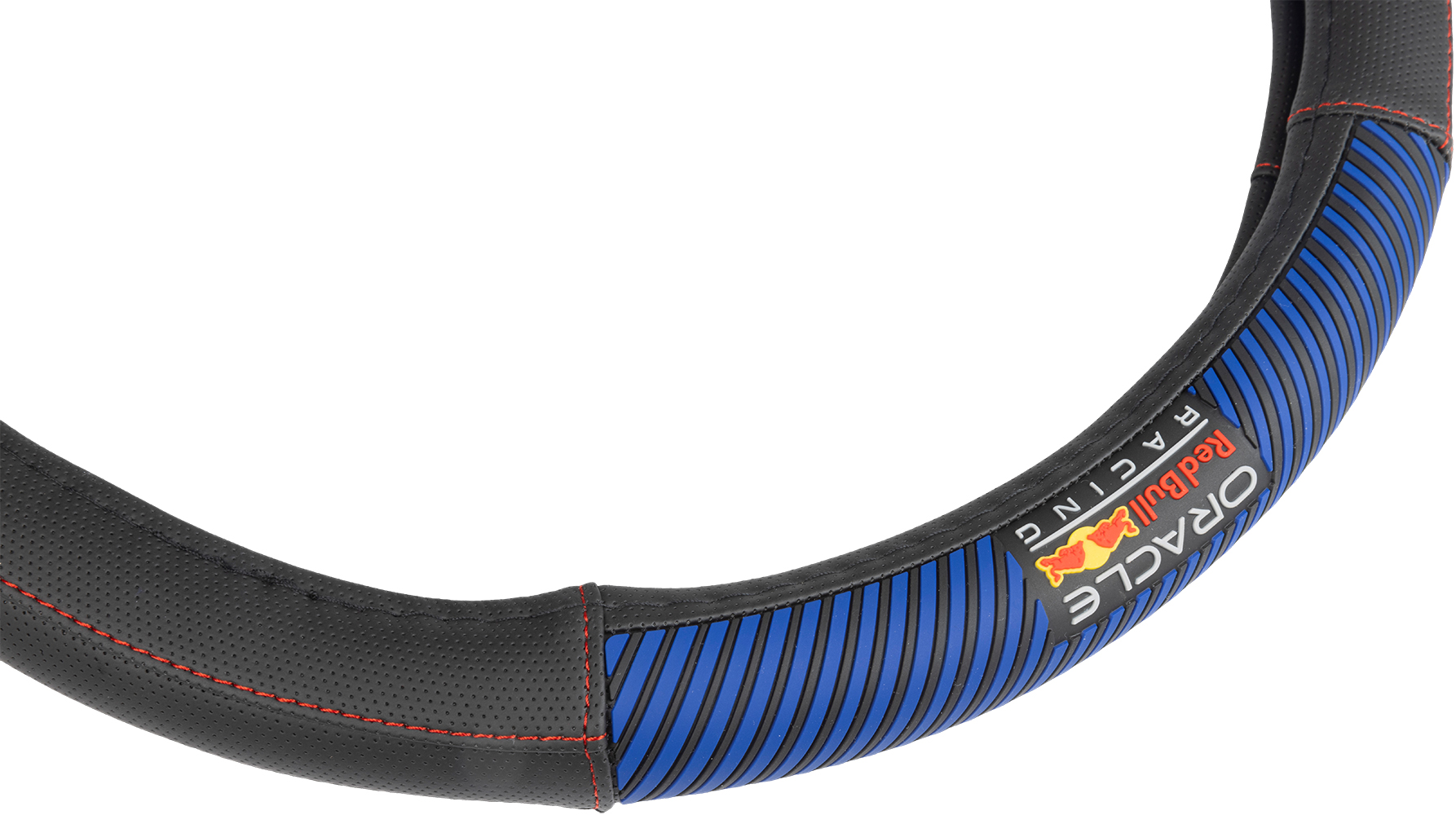 Coprivolante nero con strisce blu e logo Red Bull Racing.