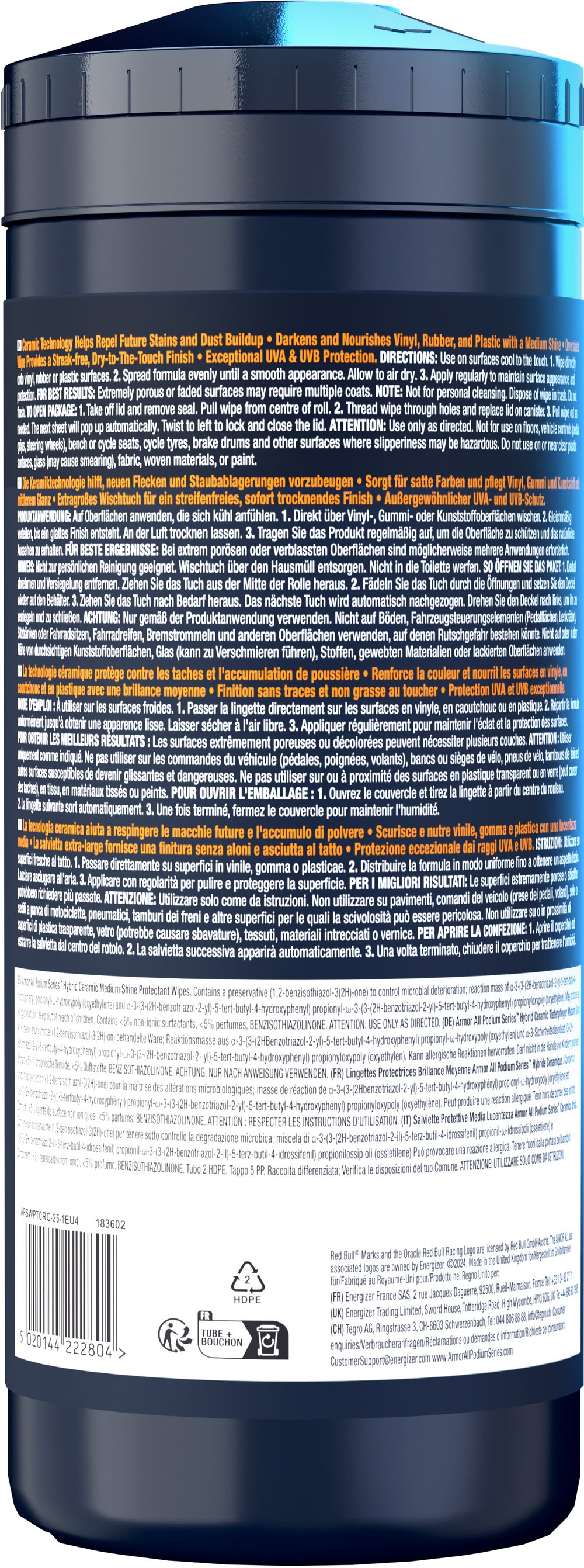 Contenitore scuro con etichette bianche e blu che mostrano info prodotto e codici a barre.