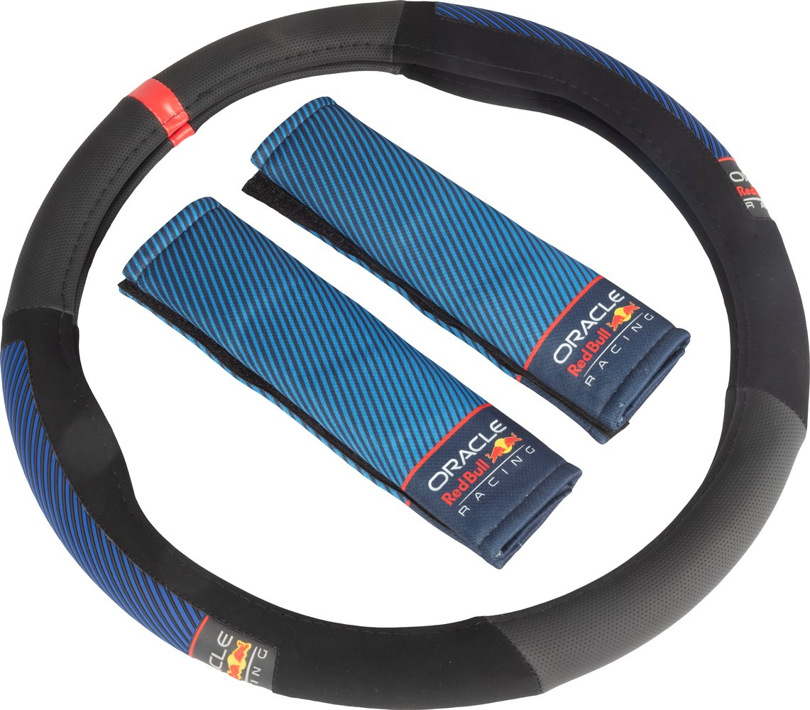 Coprivolante nero a righe blu e due copri cintura Red Bull Racing Oracle.