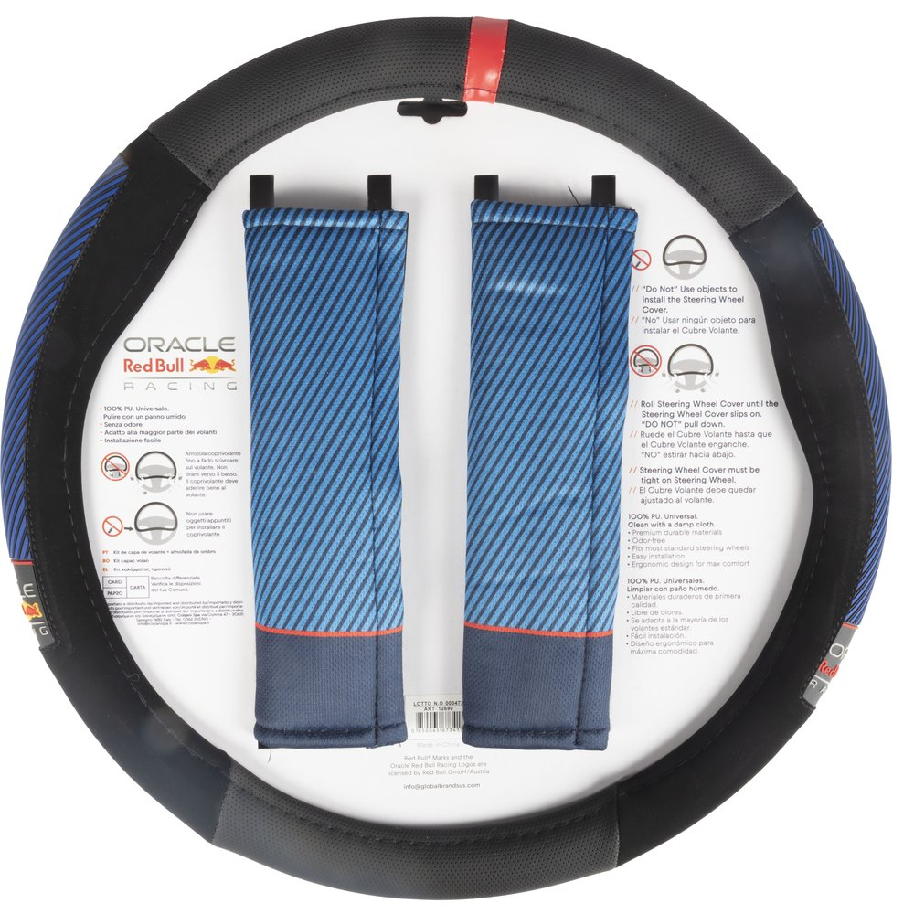 Coprivolante nero con strisce blu e logo rosso-nero.