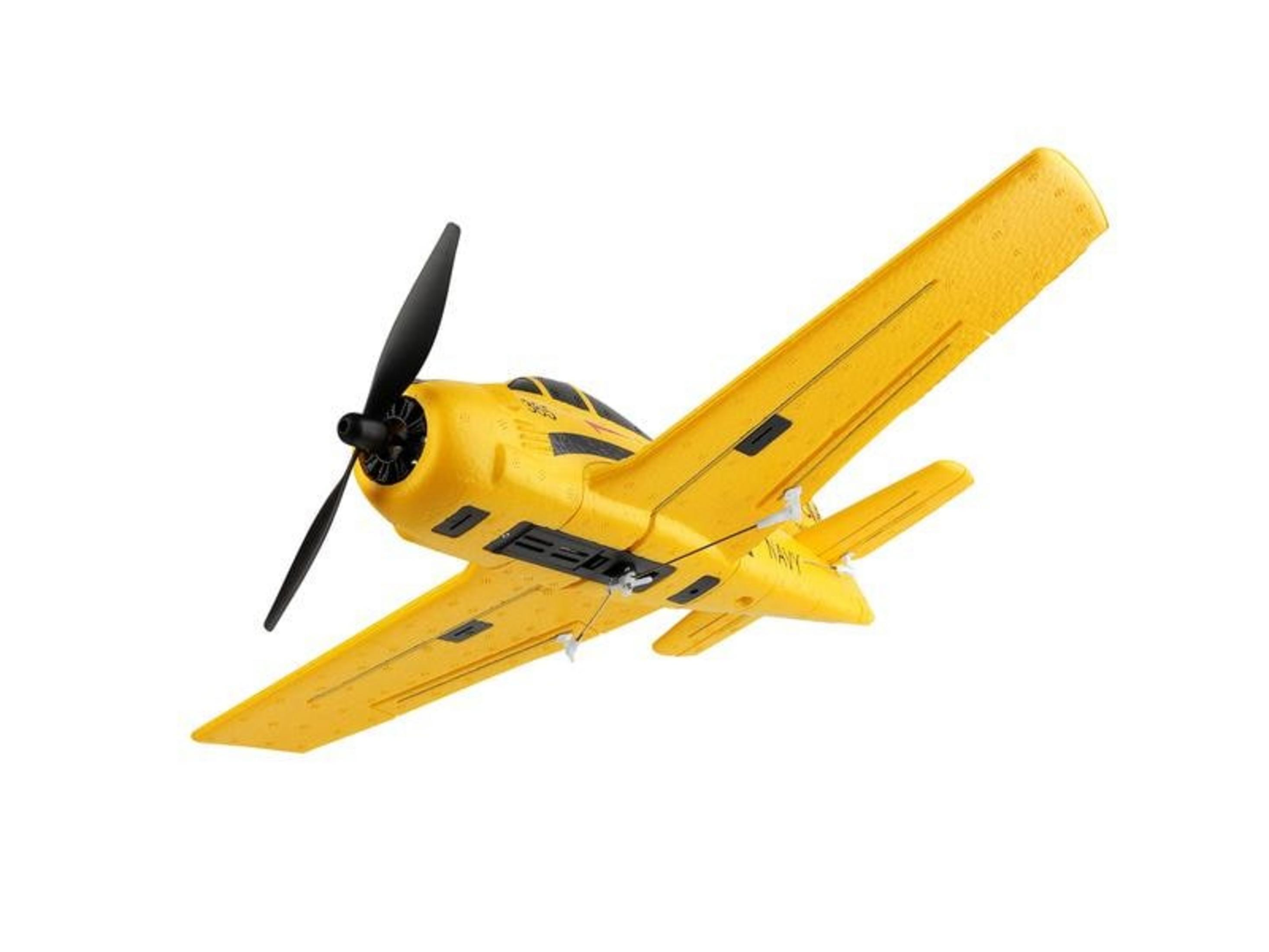 Un avión de control remoto amarillo con hélice negra sobre fondo blanco.