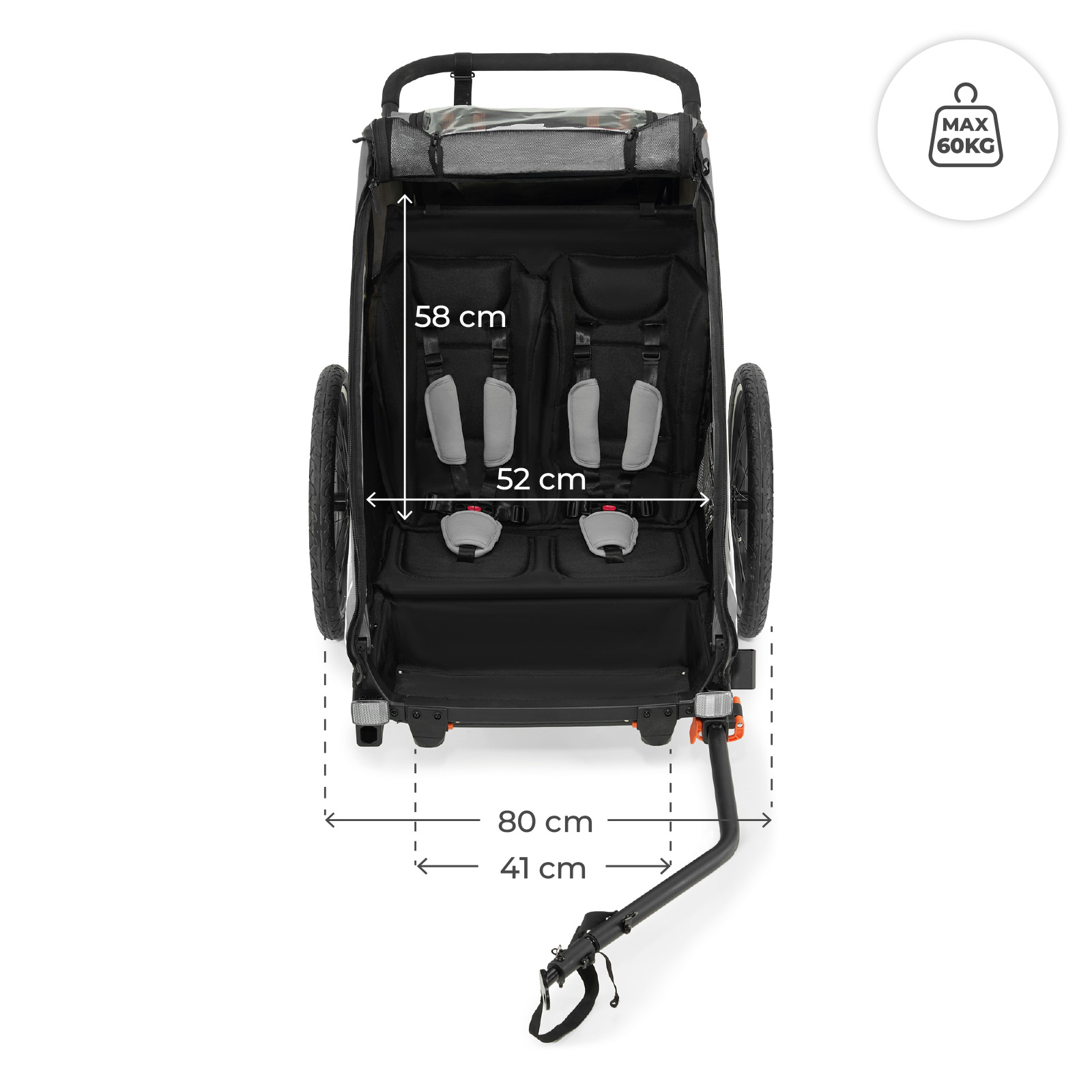 Schwarzer Kinderanhänger für 2 Kinder, mit Maßen und Gewichtsangabe (max. 60kg).