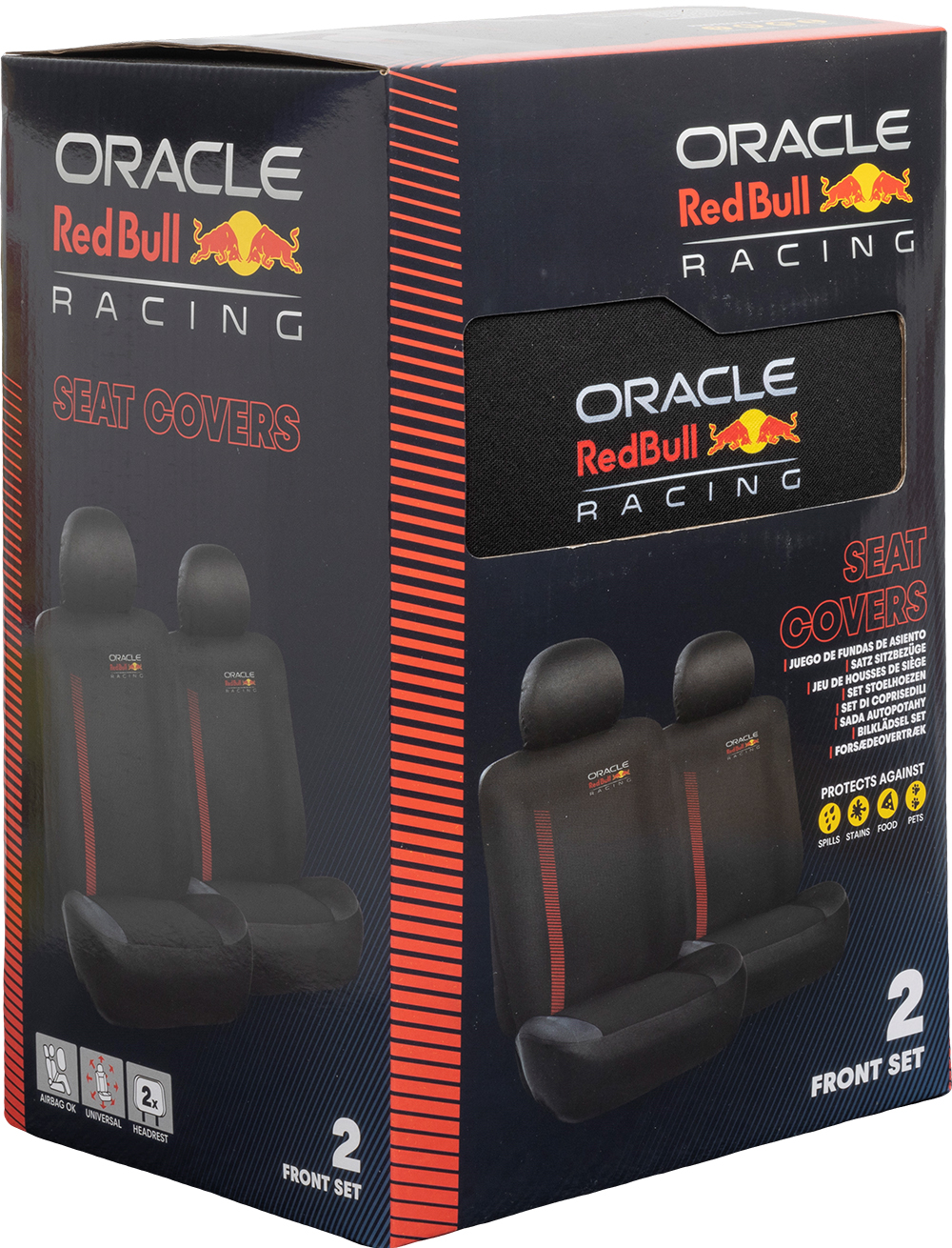 Confezione coprisedili Oracle Red Bull Racing, mostra due coprisedili anteriori.