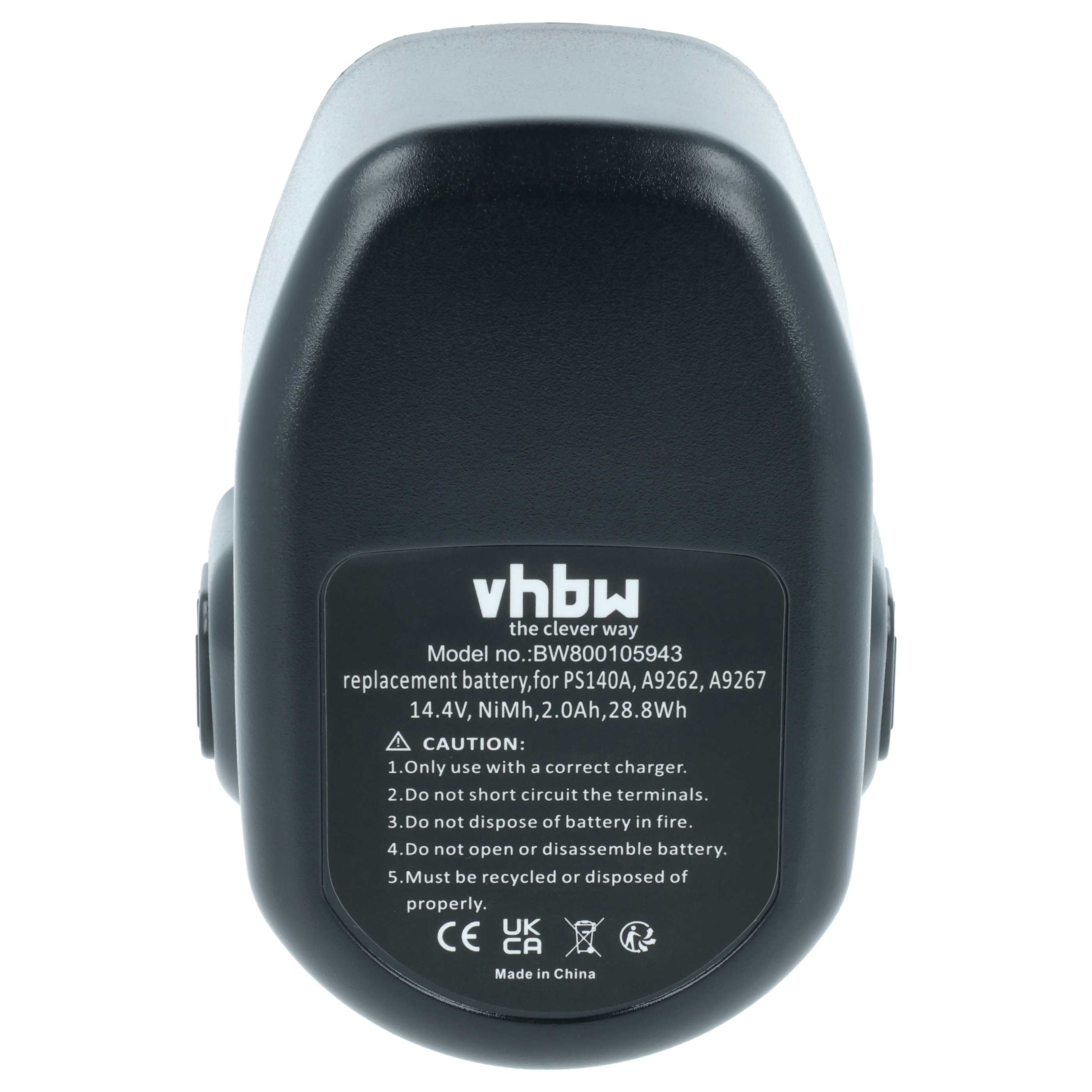 Schwarzer und weißer Akku mit Beschriftung 'vhbw', Modell BW800105943.