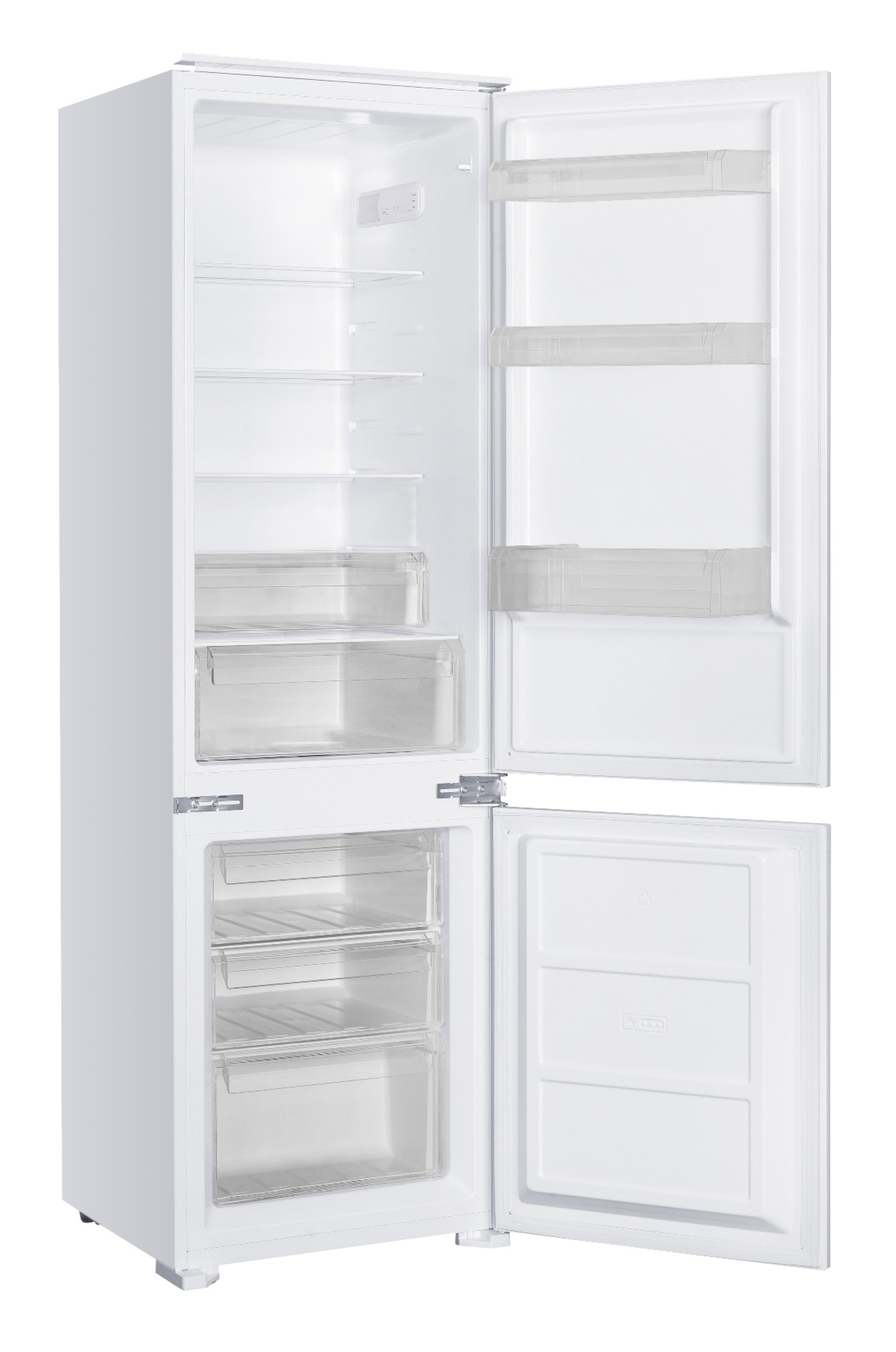 Ein weißer Kühlschrank mit offenen Türen, Regalen und Schubladen.