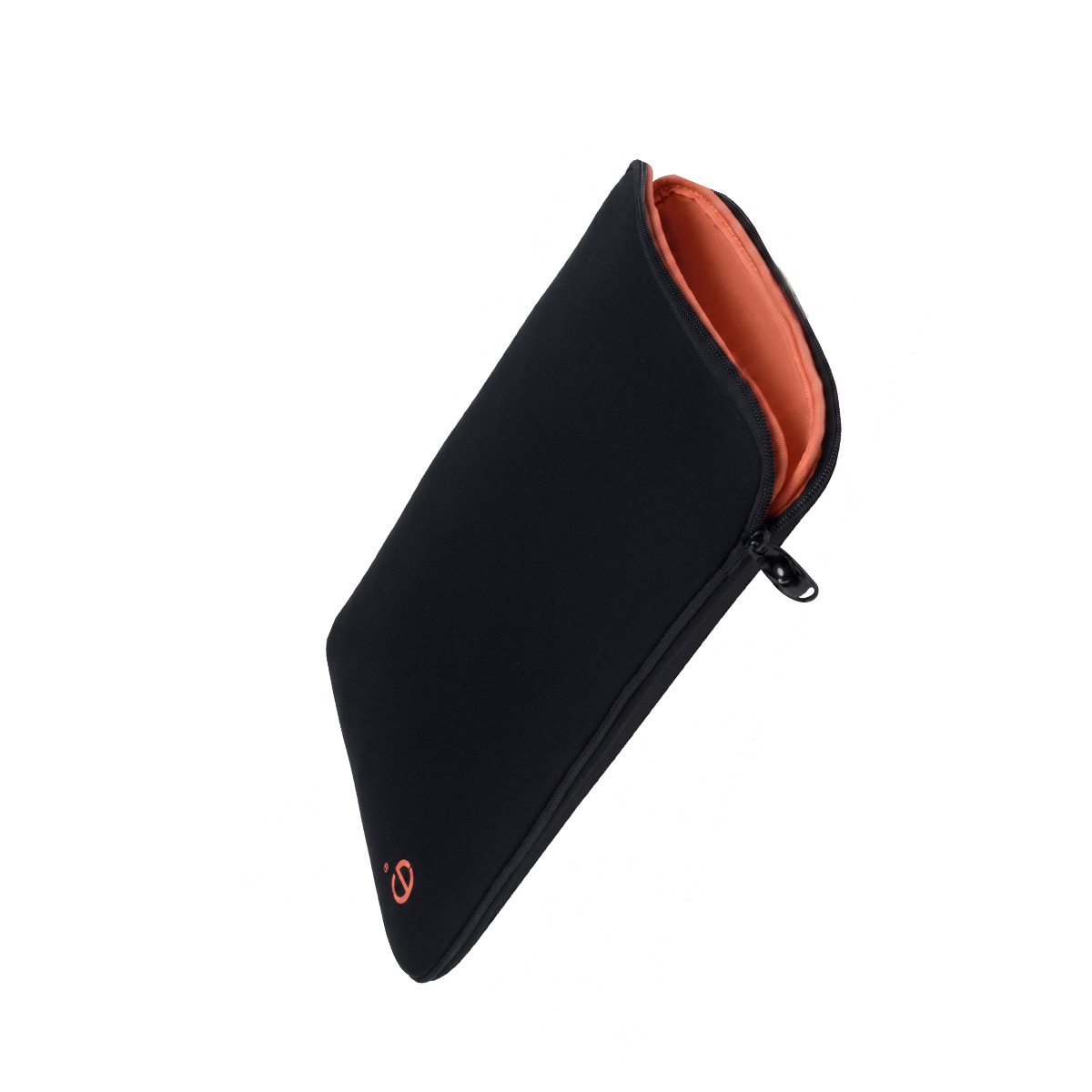 Custodia nera per laptop con fodera arancione e cerniera, logo in basso a sinistra.