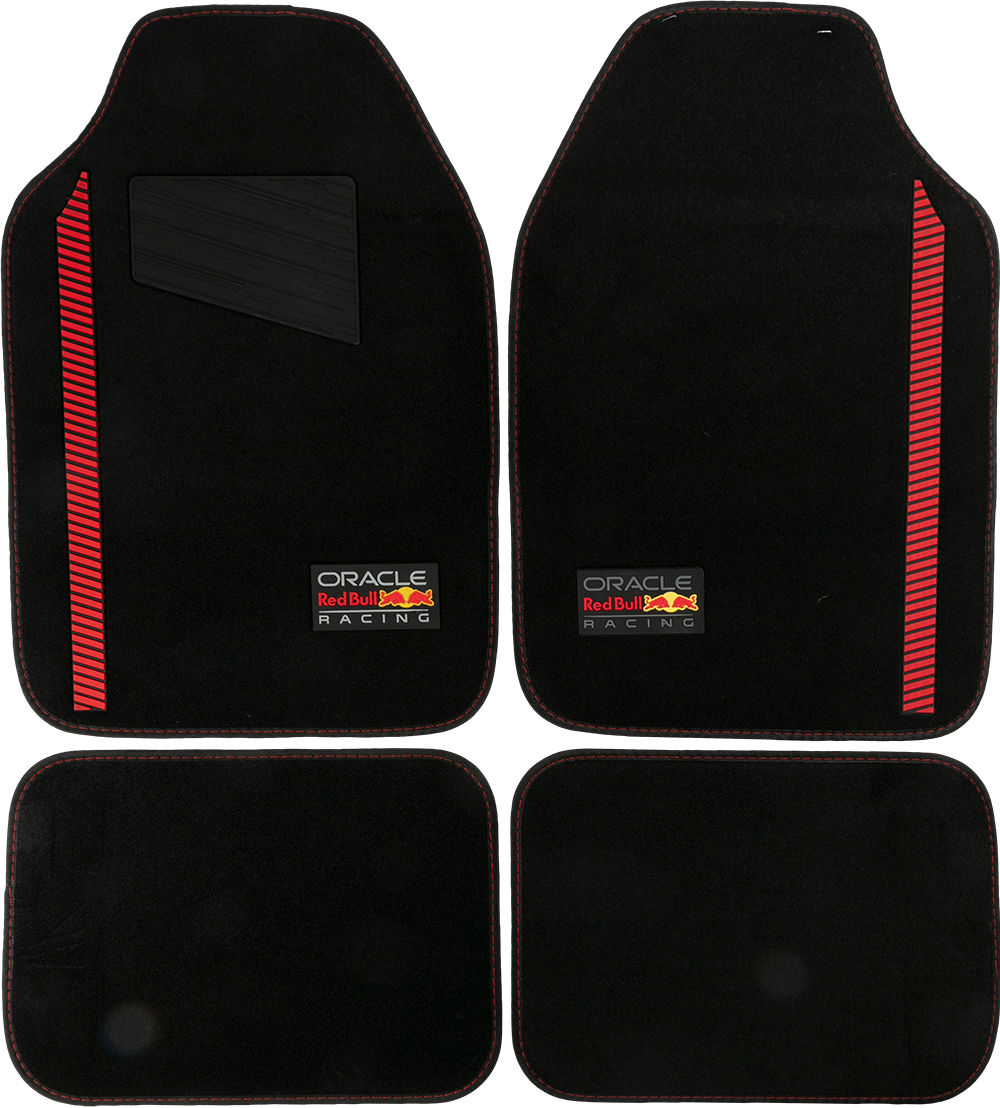 Quattro tappetini neri con bordo rosso e logo Red Bull Racing.
