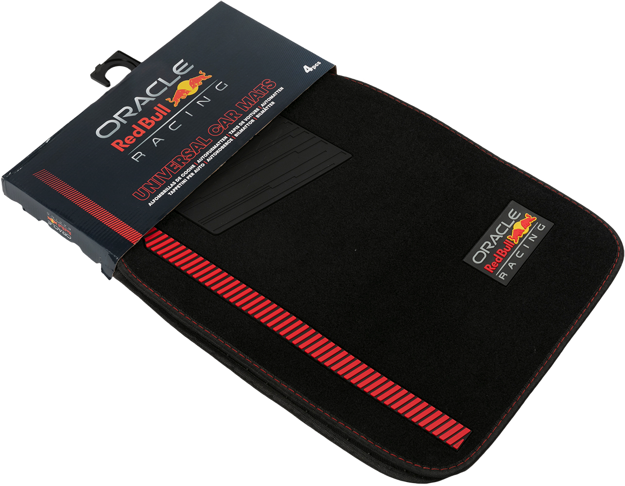 Tappetini auto universali neri Oracle Red Bull Racing in confezione con dettaglio a striscia rossa.