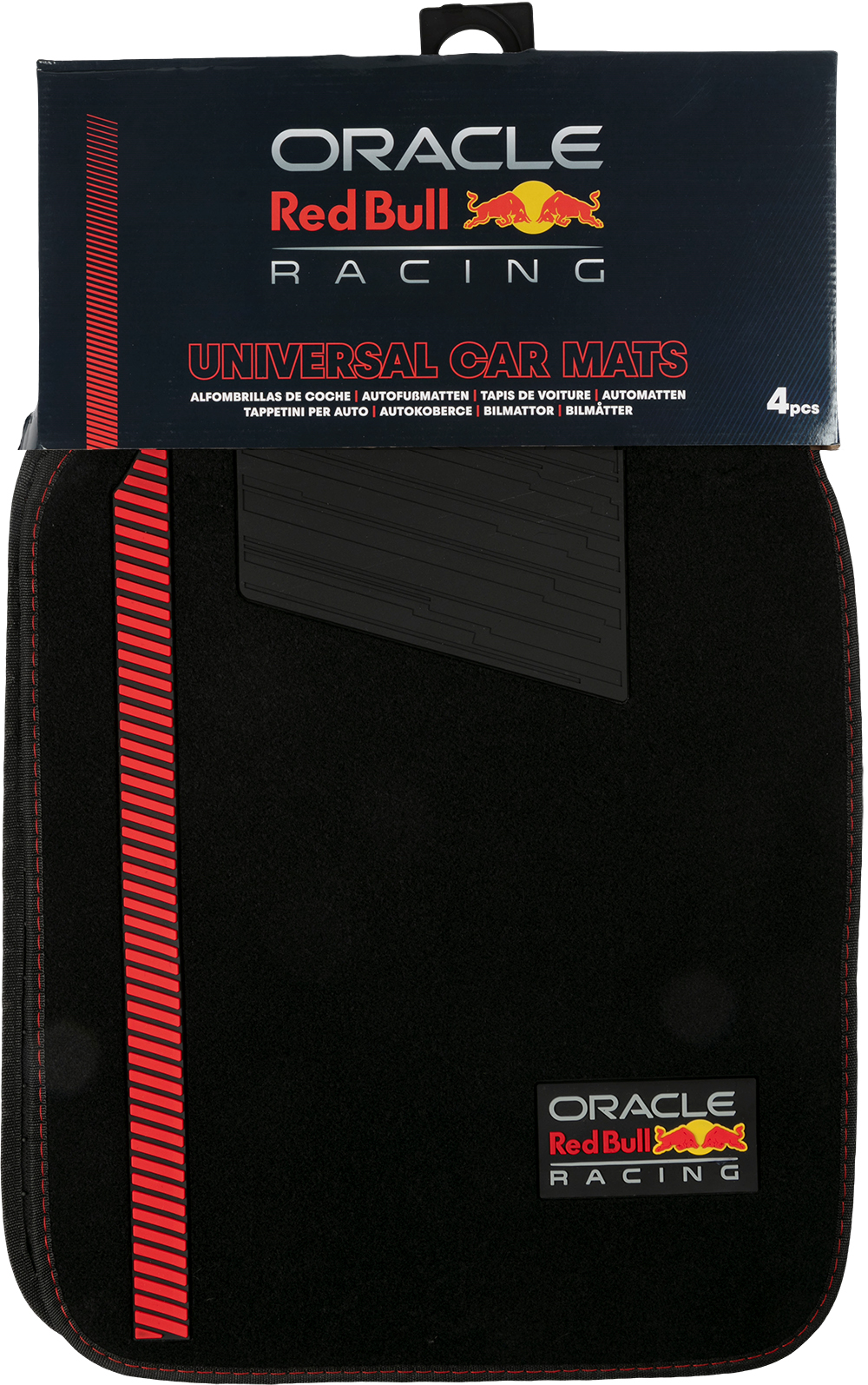 Tappetini neri con strisce rosse e logo Oracle Red Bull Racing.