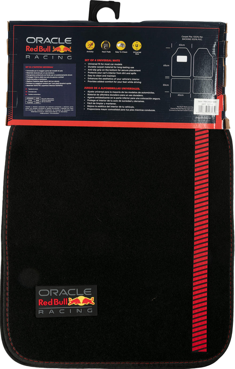Tappetini neri con logo Oracle Red Bull Racing e strisce rosse.
