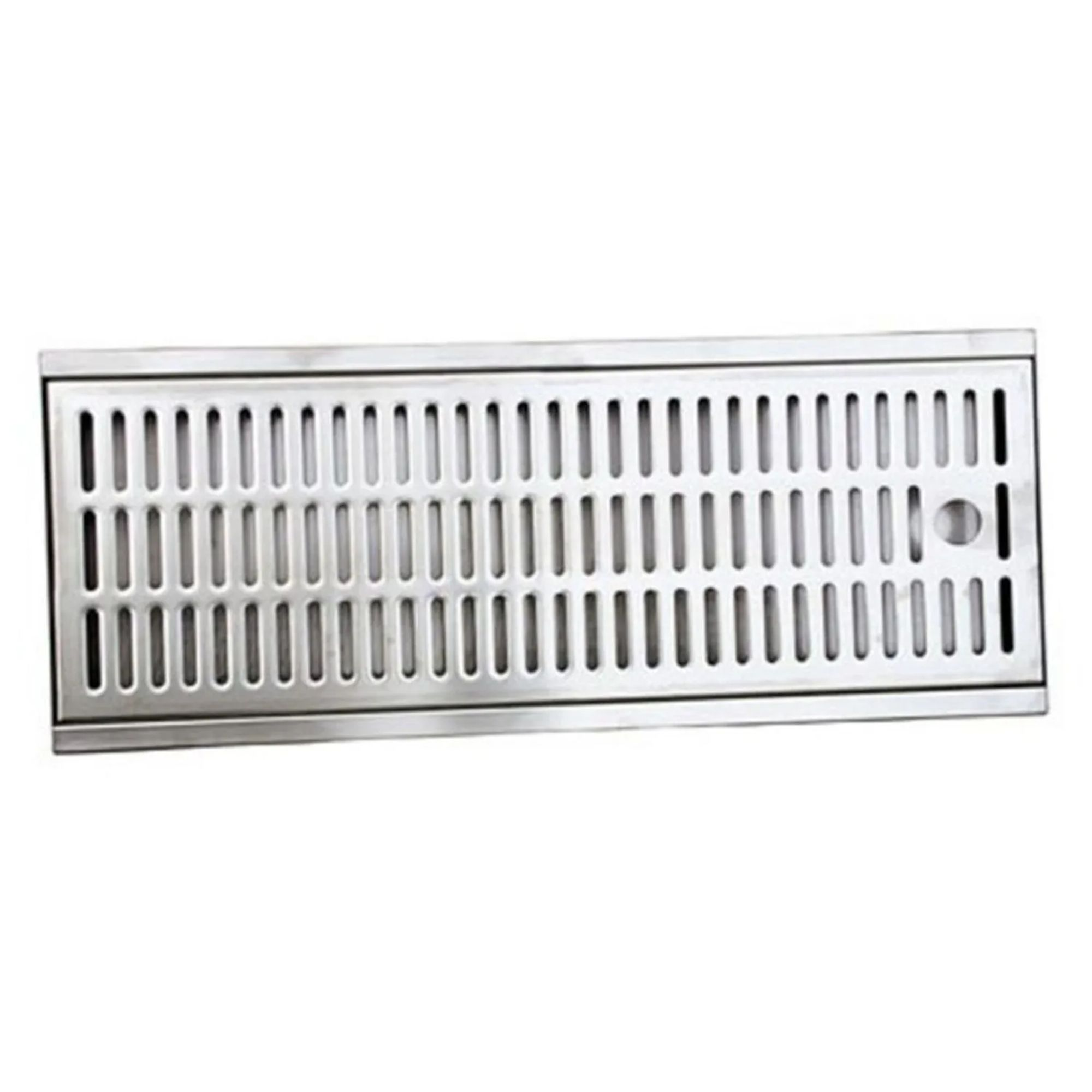 A rectangular metal grate with many slots and a round hole.