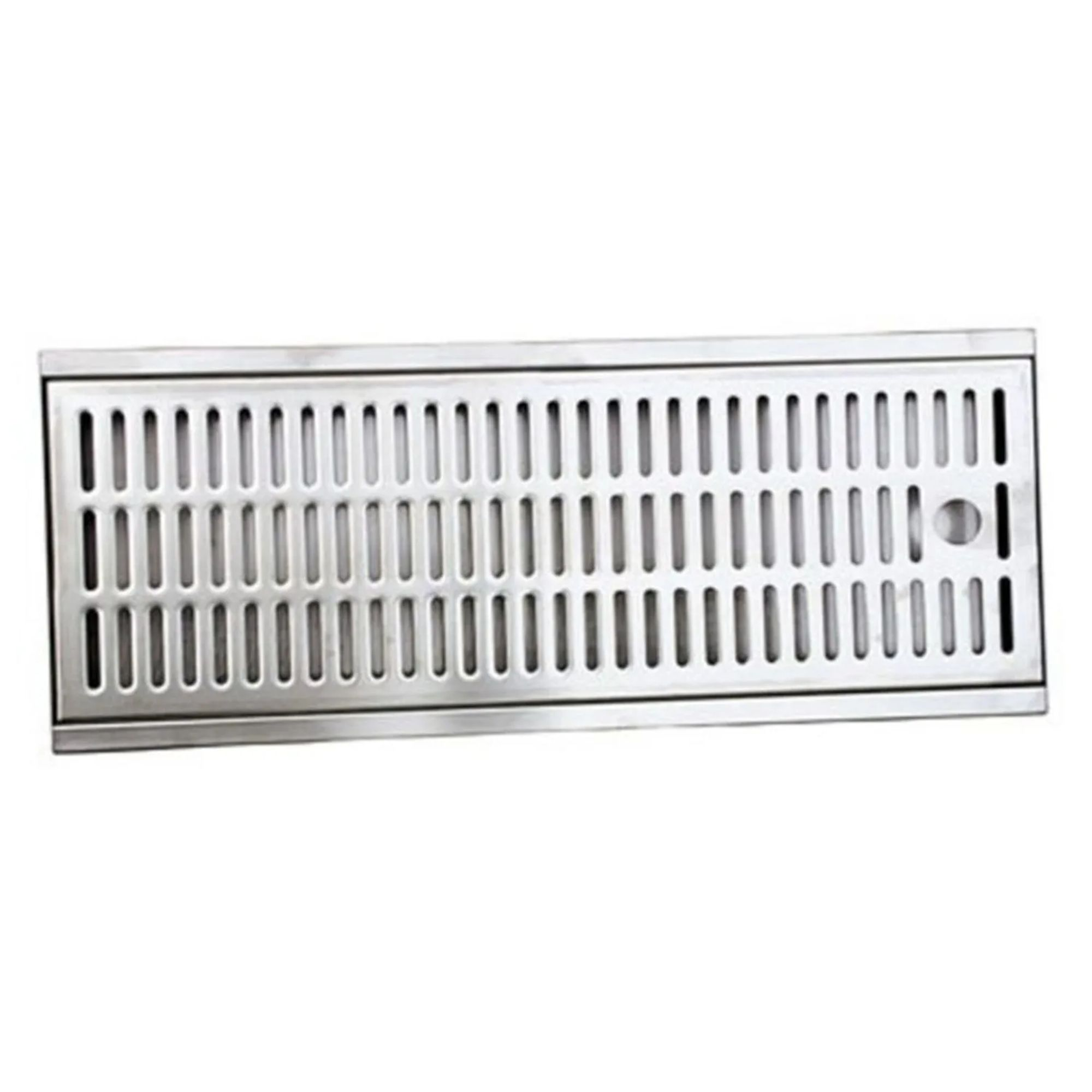 A rectangular metal grate with narrow, parallel slots.