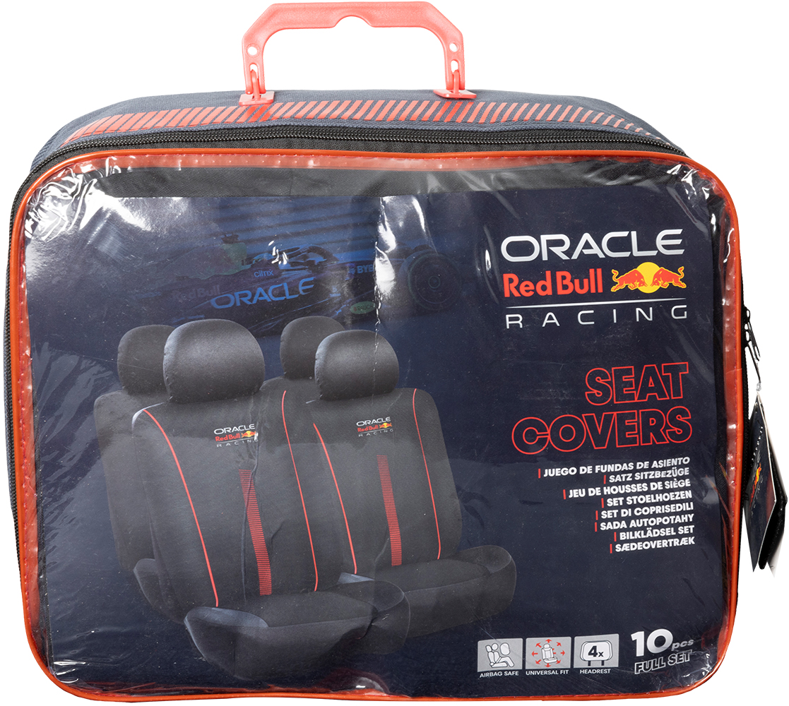 Coprisedili neri con accenti rossi, design Oracle Red Bull Racing.