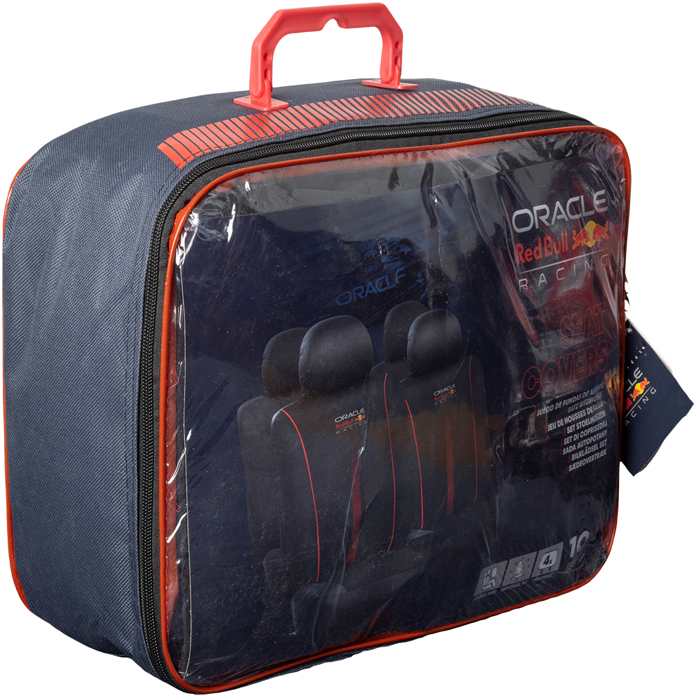 Borsa grigia con accenti rossi, contenente coprisedili auto neri Oracle Red Bull Racing.