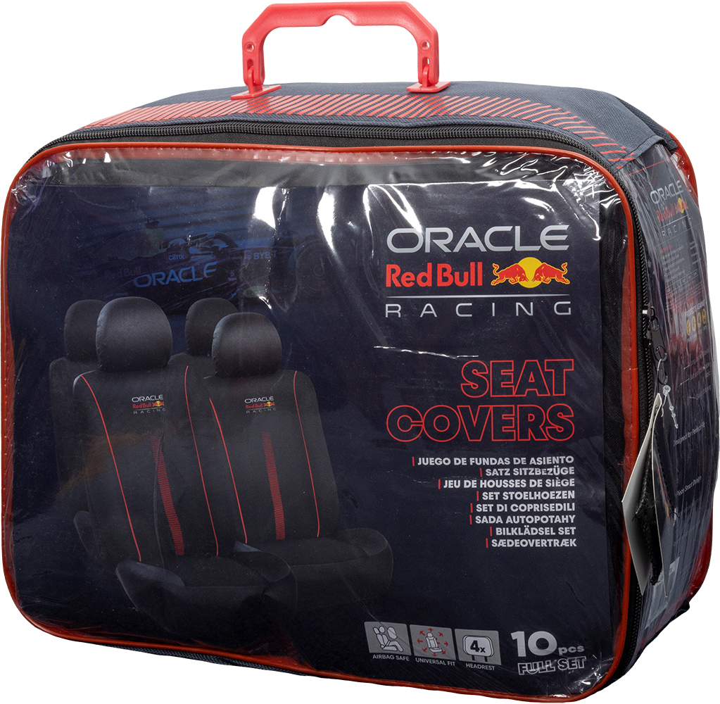 Confezione di coprisedili Oracle Red Bull Racing, neri con accenti rossi.
