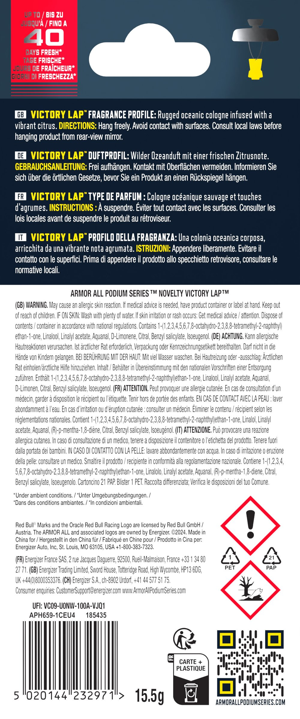 Un profumatore giallo appeso allo specchietto, con simboli di avvertimento.