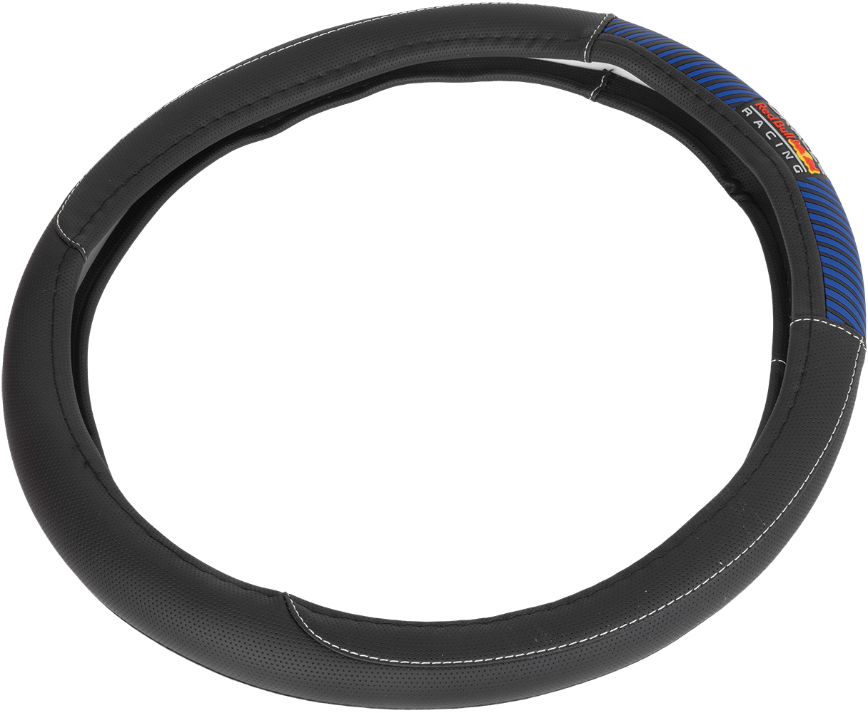 Coprivolante nero con strisce blu e logo Red Bull Racing.