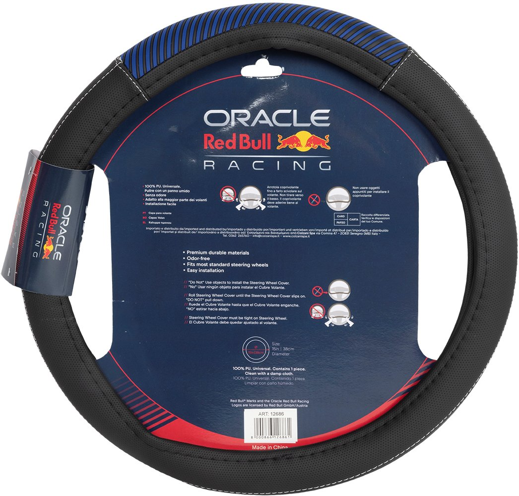 Coprivolante nero con logo Oracle Red Bull Racing, motivo blu e nero.