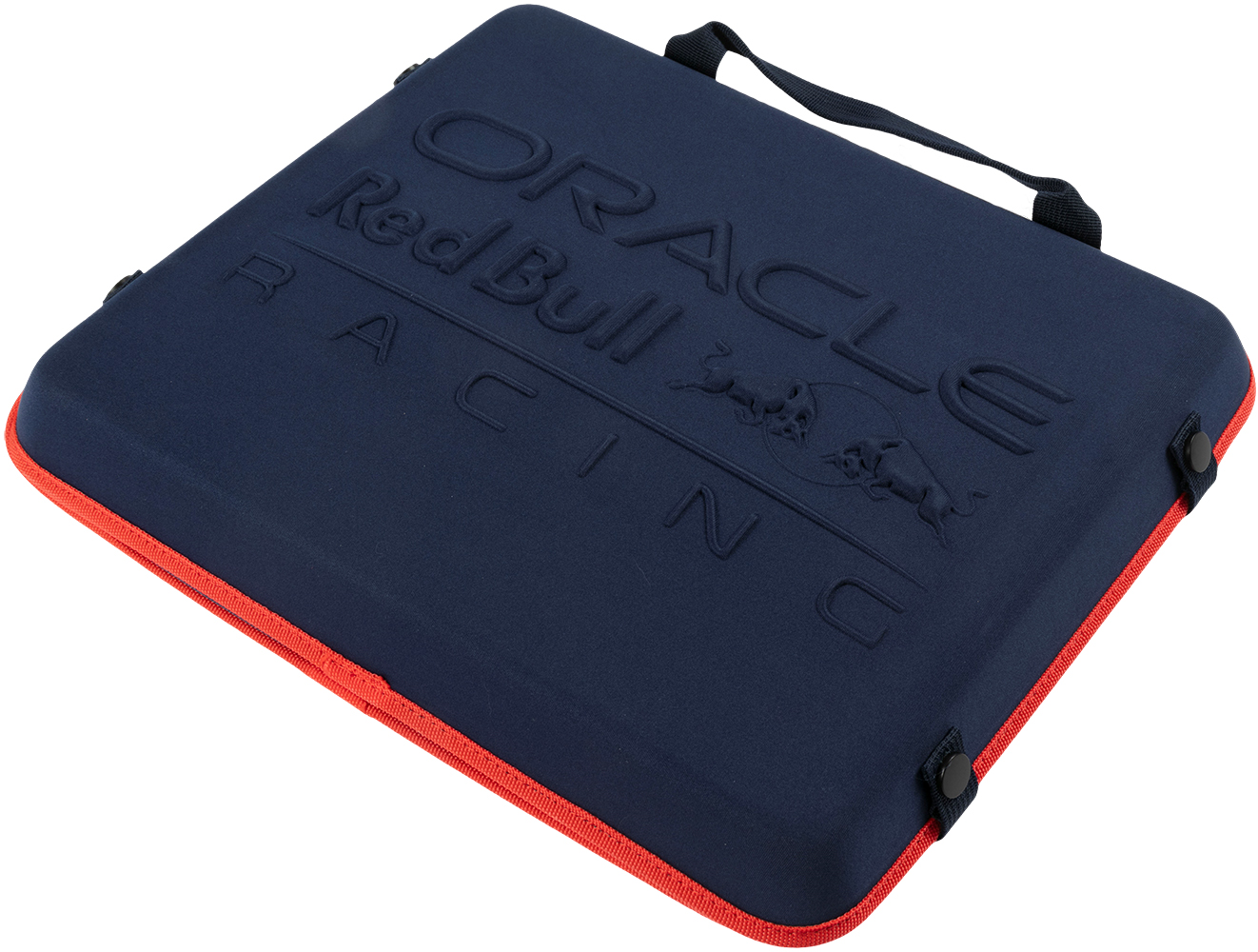 Custodia blu scuro con bordo rosso, scritta 'ORACLE Red Bull RACING' e logo toro.