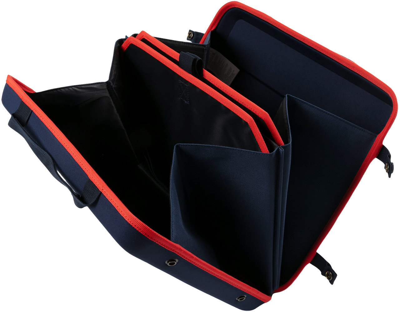 Un organizer blu navy con bordo rosso, aperto in più scomparti.