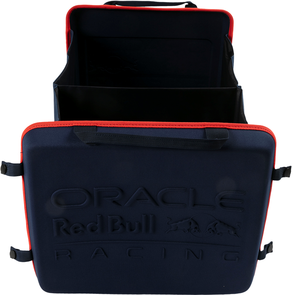 Borsa blu scuro con finiture rosse, mostra il logo Oracle Red Bull Racing.