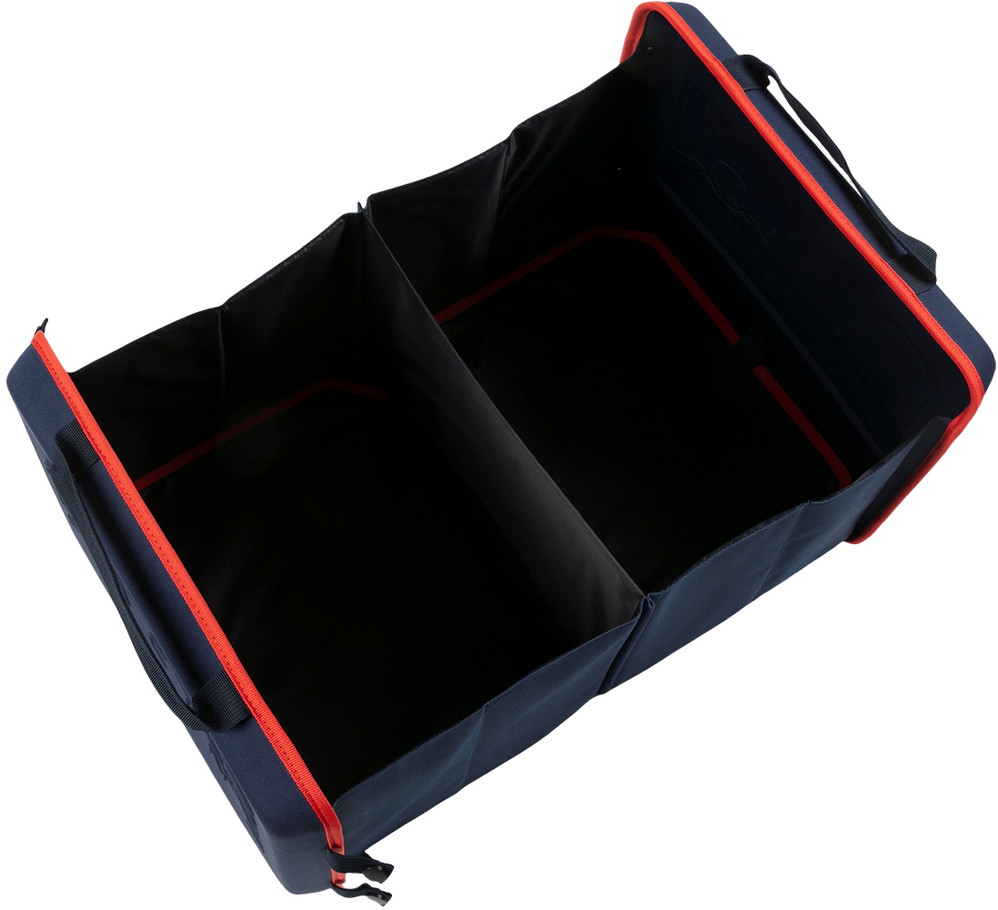 Organizer in tessuto blu scuro con due scomparti e bordatura rossa.