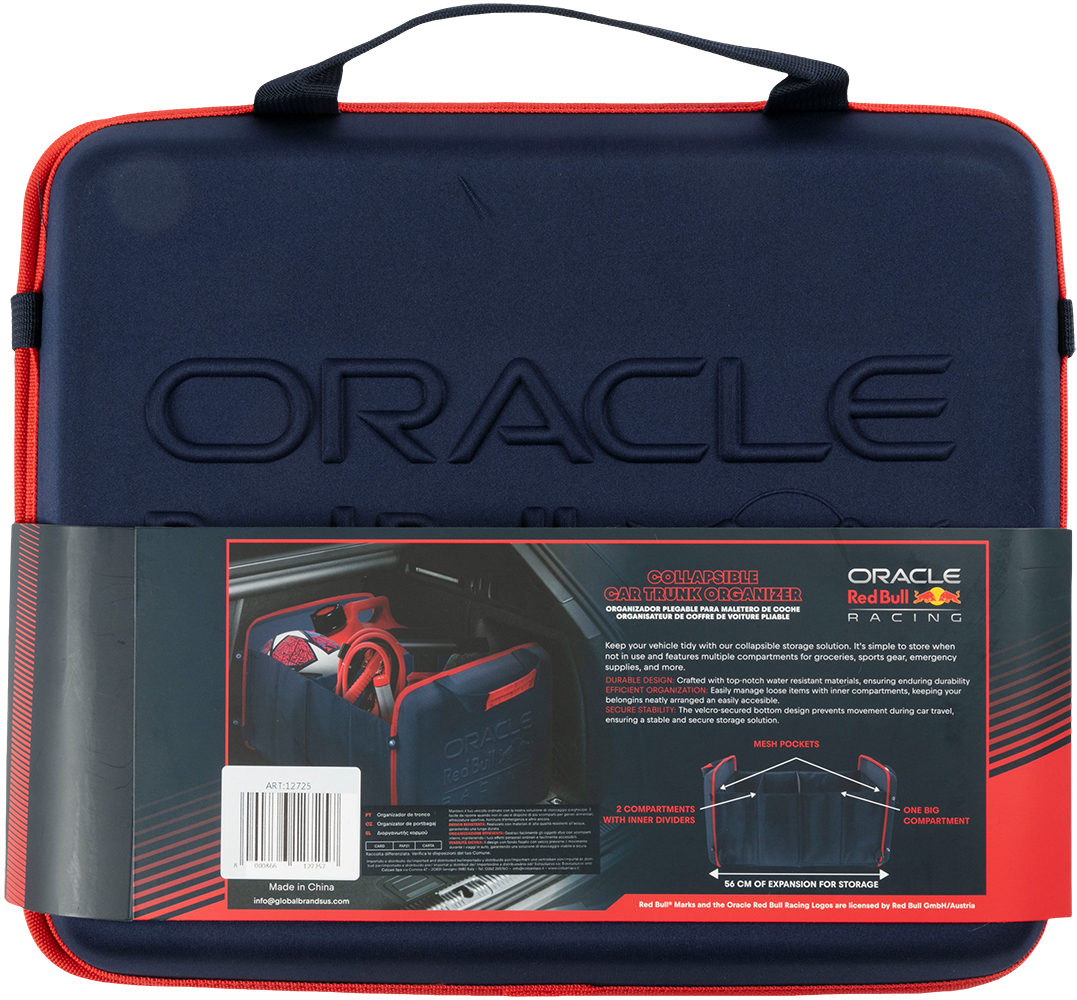 Organizer blu scuro per bagagliaio auto Oracle Red Bull Racing, chiuso, con finiture rosse.