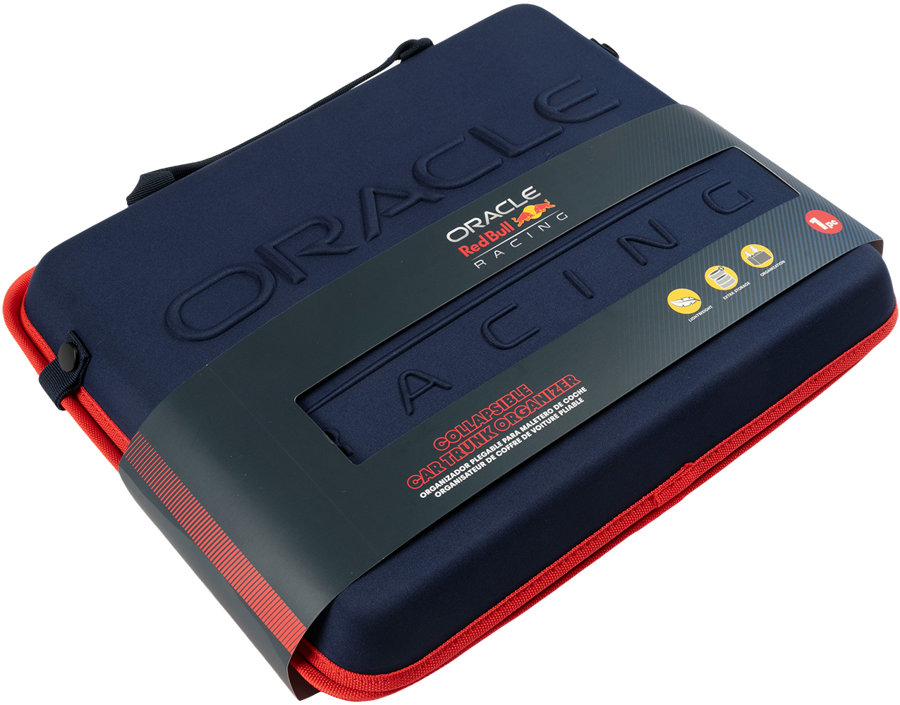 Organizer blu navy pieghevole per bagagliaio auto con bordo rosso e logo Red Bull.