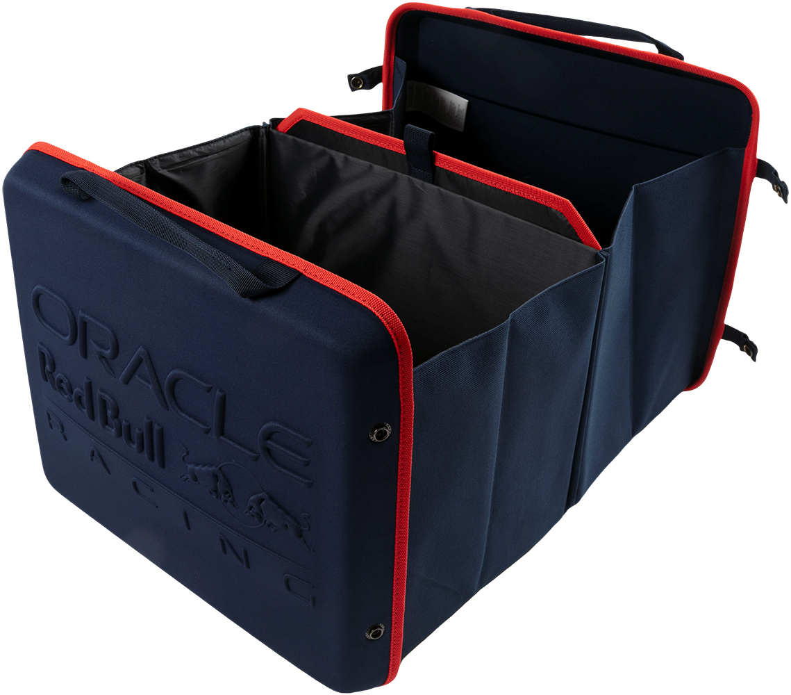 Organizer baule blu scuro con bordi rossi e logo Oracle Red Bull Racing.