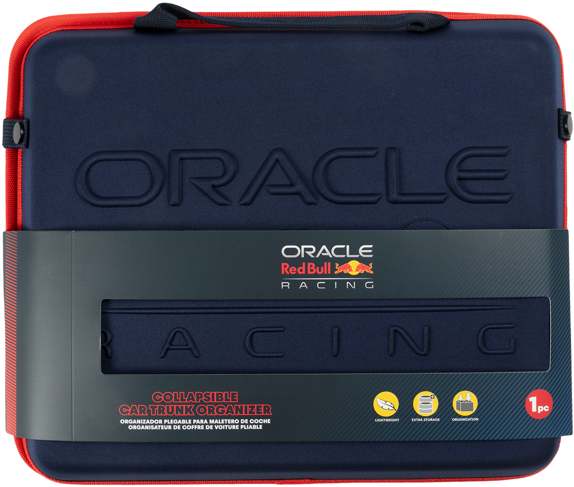 Organizer pieghevole blu scuro per bagagliaio auto con logo Oracle Red Bull Racing.