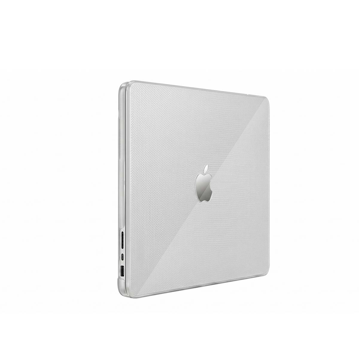 Ein durchsichtiger Laptop-Schutz mit Apple-Logo auf weißem Hintergrund.